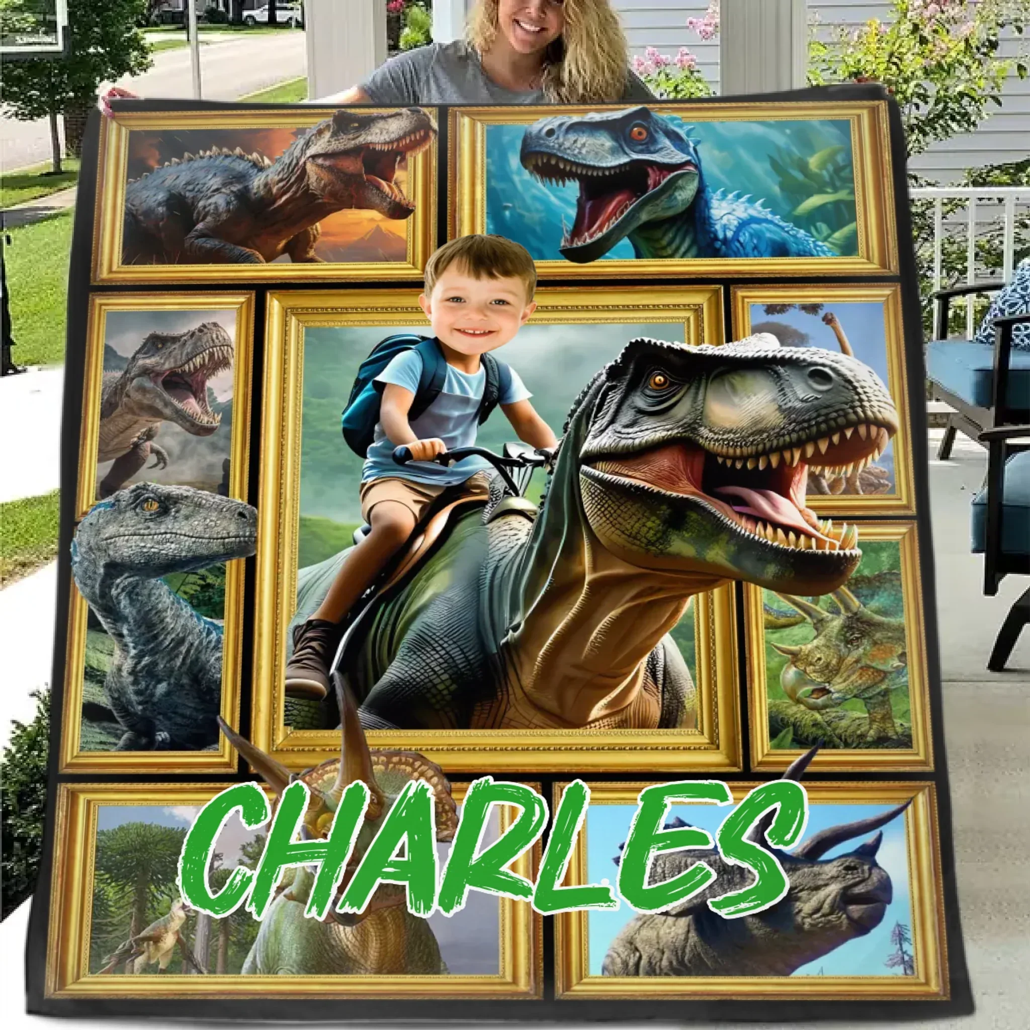 Customized Dinosaur Blanket - Personalized Name and Photo Riding Dinosaur Themed Flannel Blanket - A Gift For Children,Boy,Classmate - Joliny