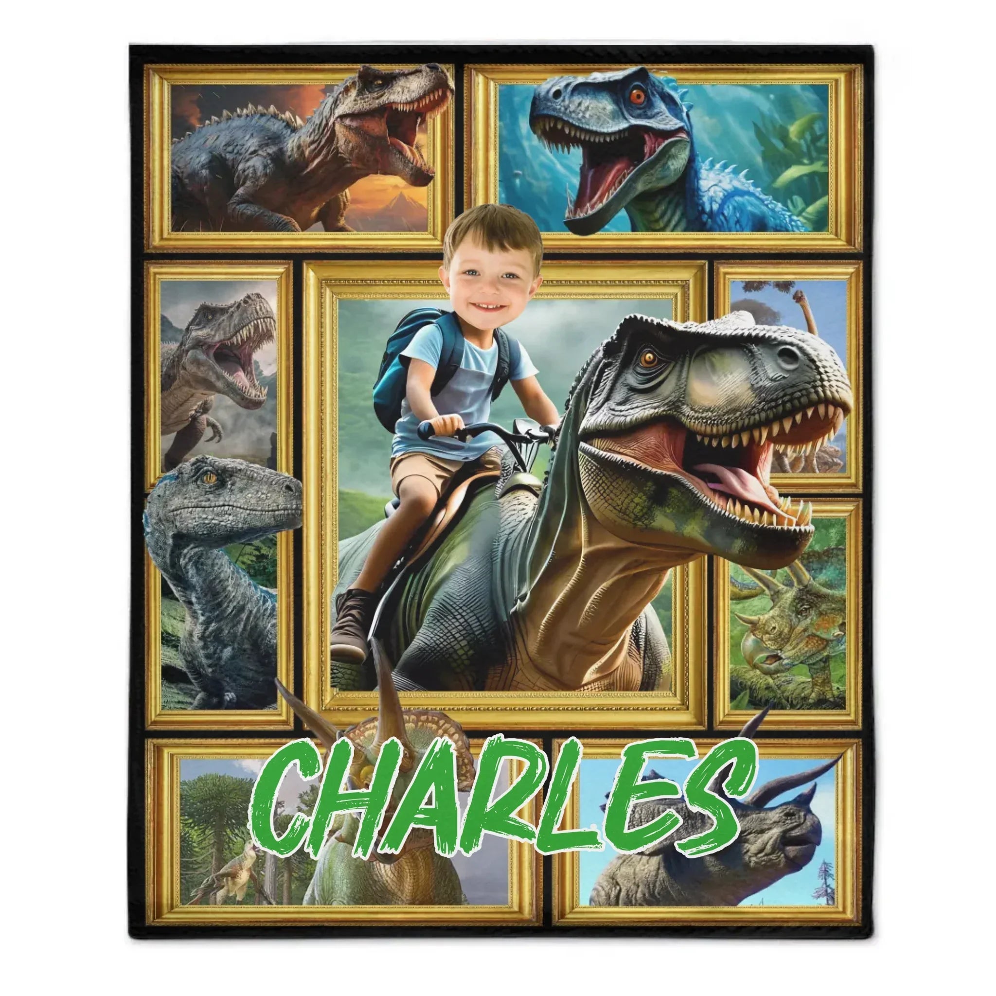 Customized Dinosaur Blanket - Personalized Name and Photo Riding Dinosaur Themed Flannel Blanket - A Gift For Children,Boy,Classmate - Joliny