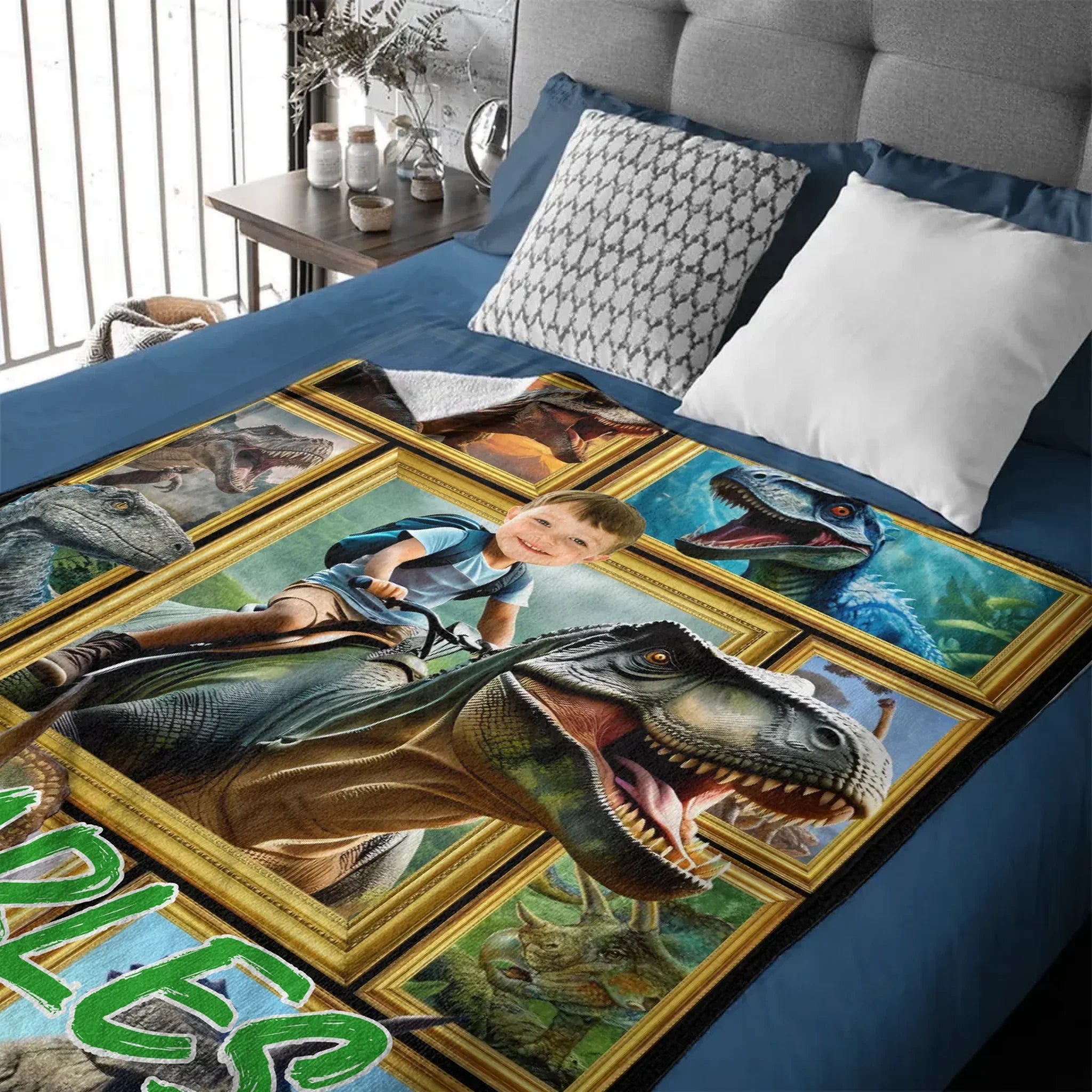 Customized Dinosaur Blanket - Personalized Name and Photo Riding Dinosaur Themed Flannel Blanket - A Gift For Children,Boy,Classmate - Joliny