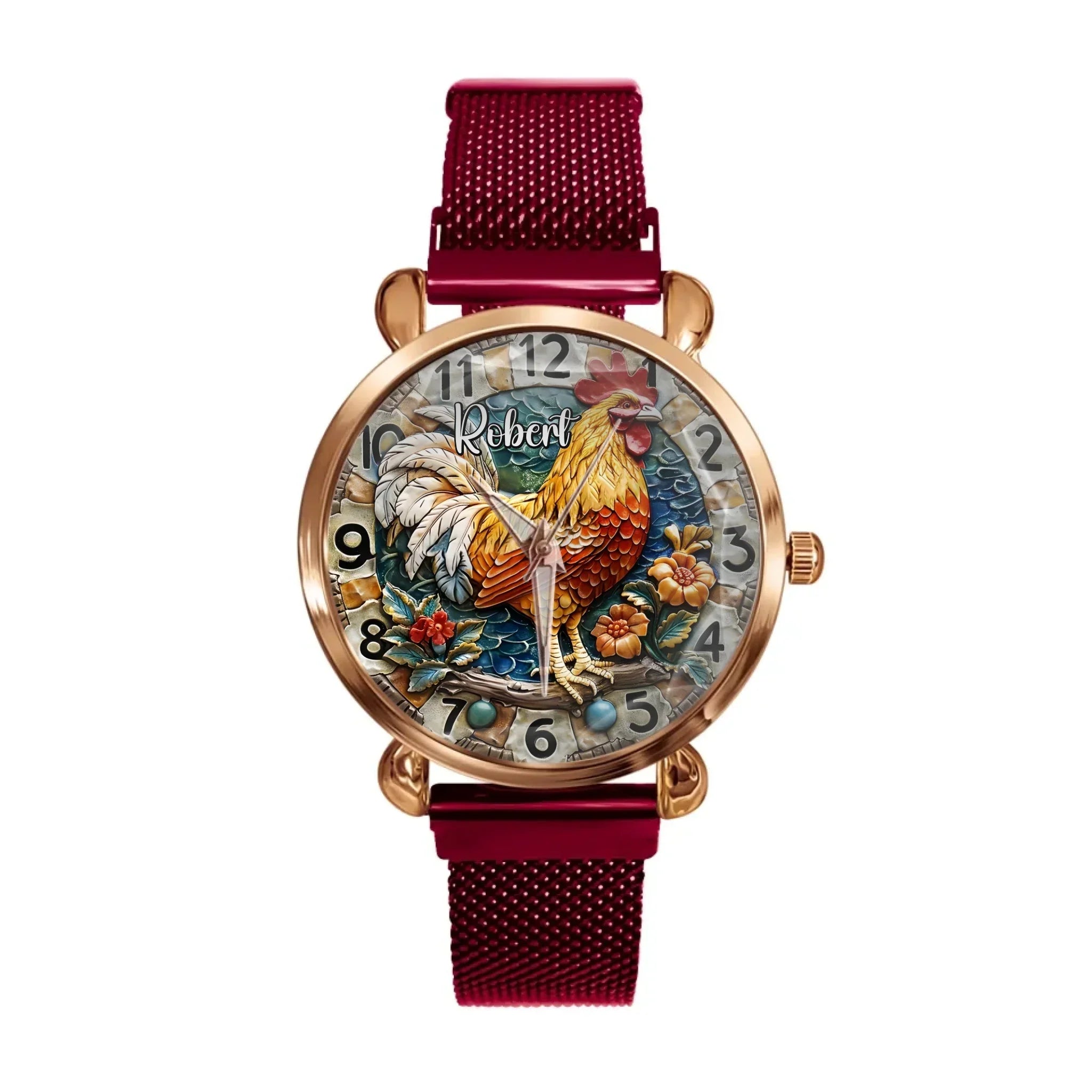 Painted Rooster Design Dial - Personalized Name Watch - Joliny