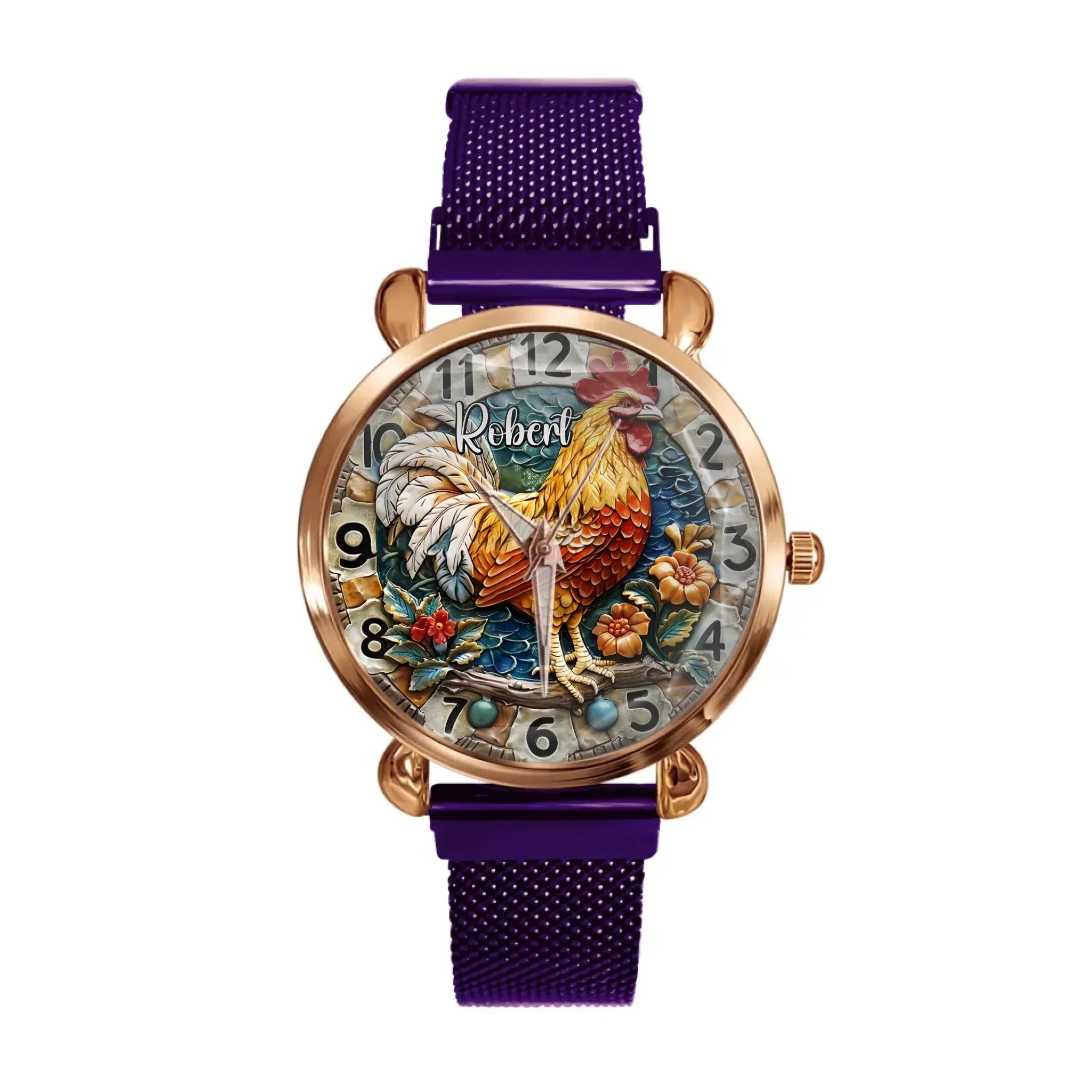 Painted Rooster Design Dial - Personalized Name Watch - Joliny