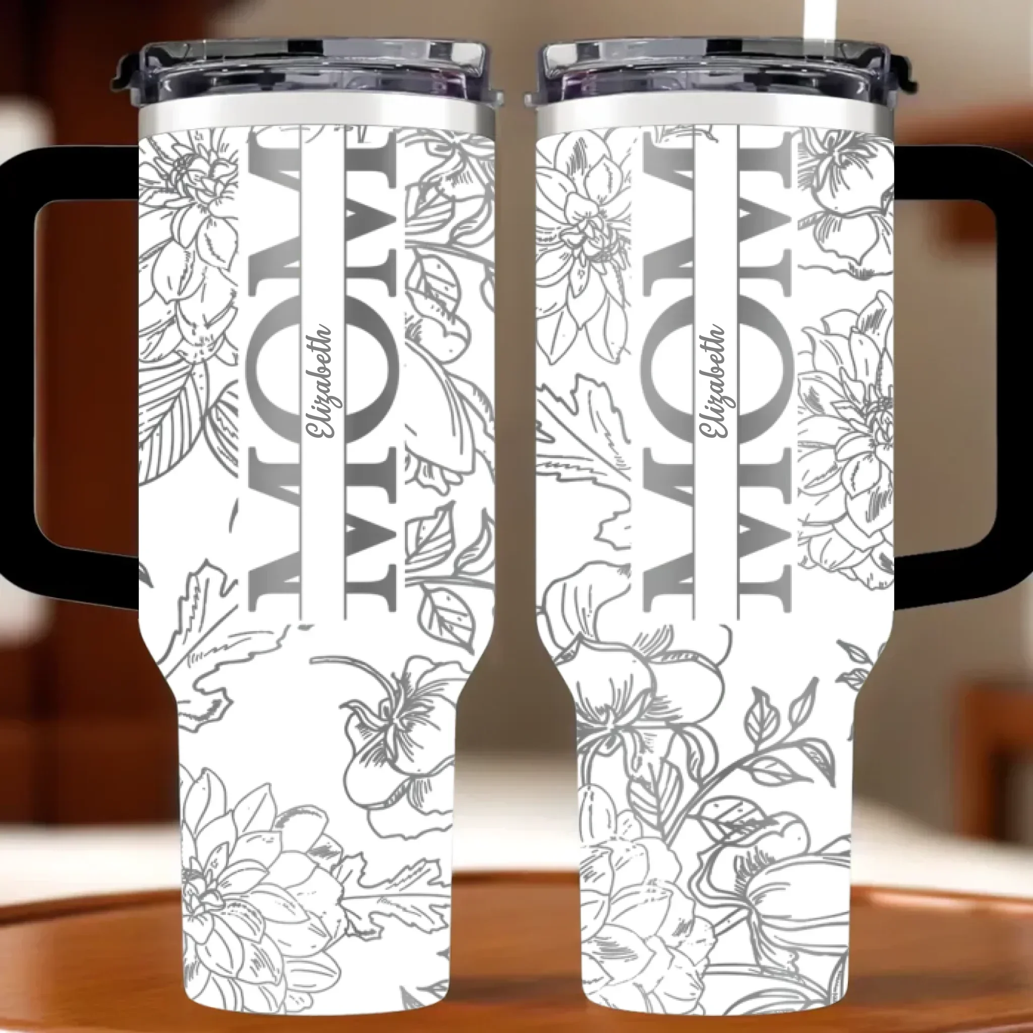 Silver-lined Floral Pattern Car Cup - Personalized Name and Title - Excellent Gift Choice