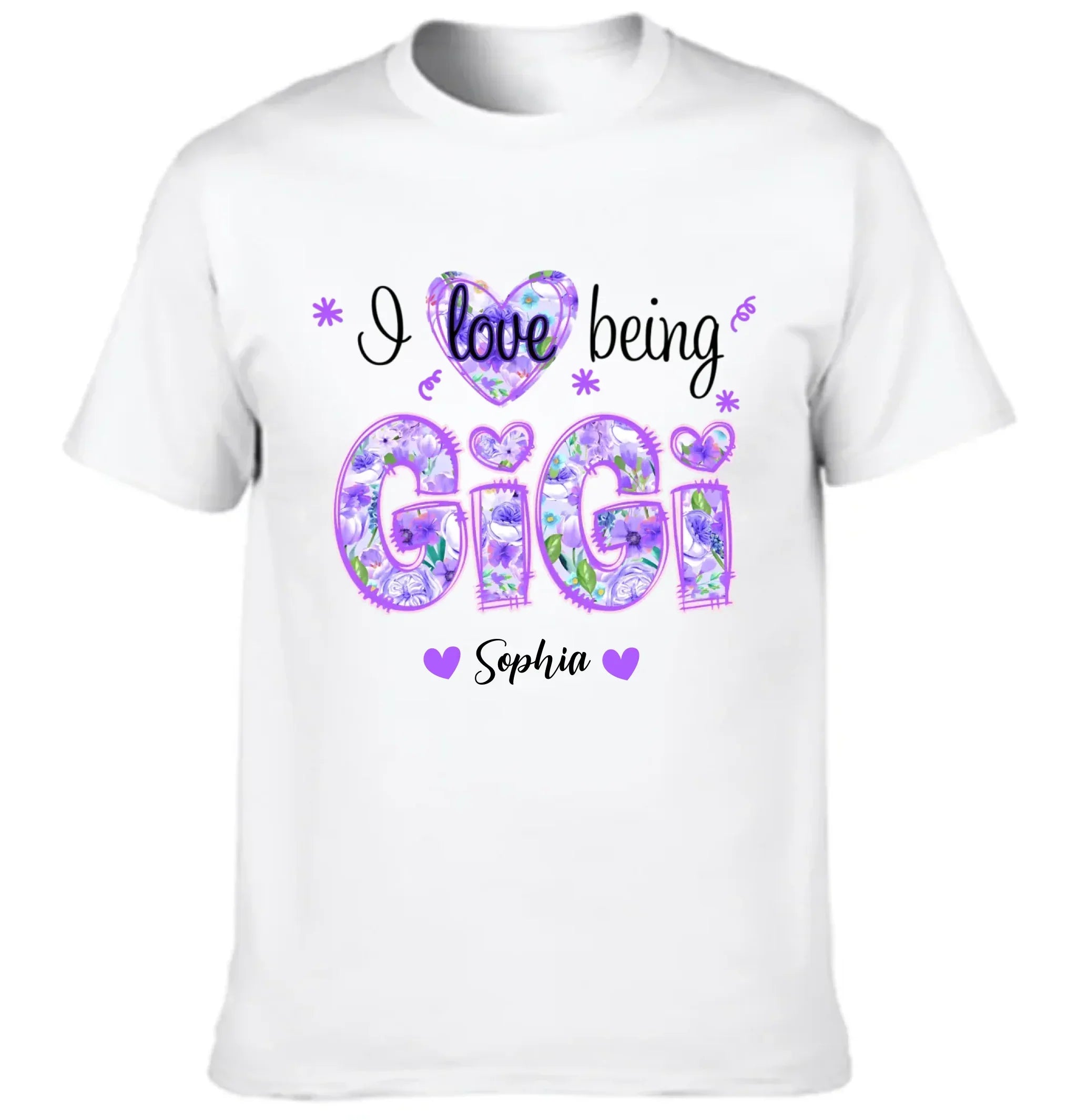 I Love Being Gigi - Garment with personalized name in purple floral pattern - Family Gift
