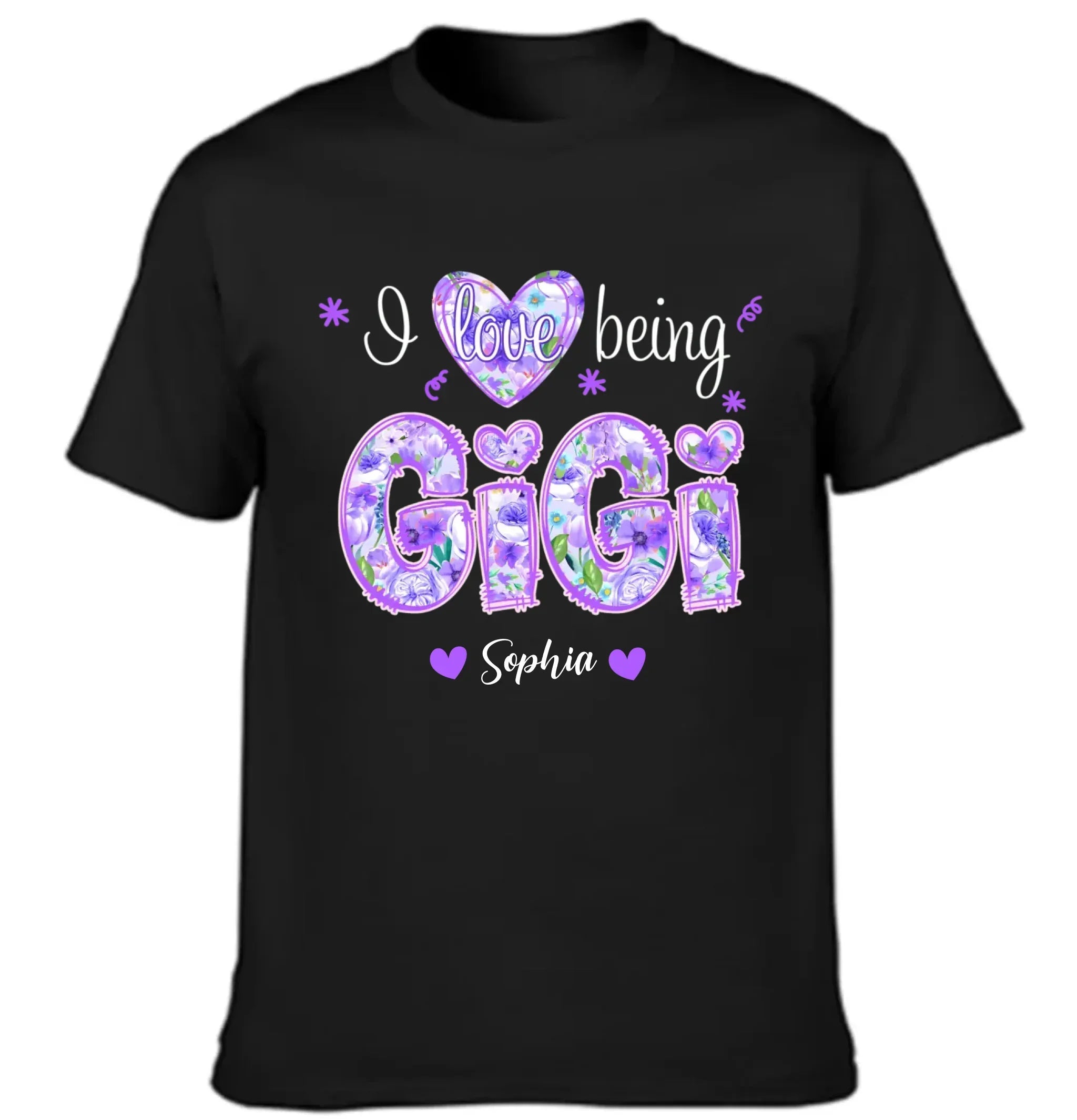 I Love Being Gigi - Garment with personalized name in purple floral pattern - Family Gift
