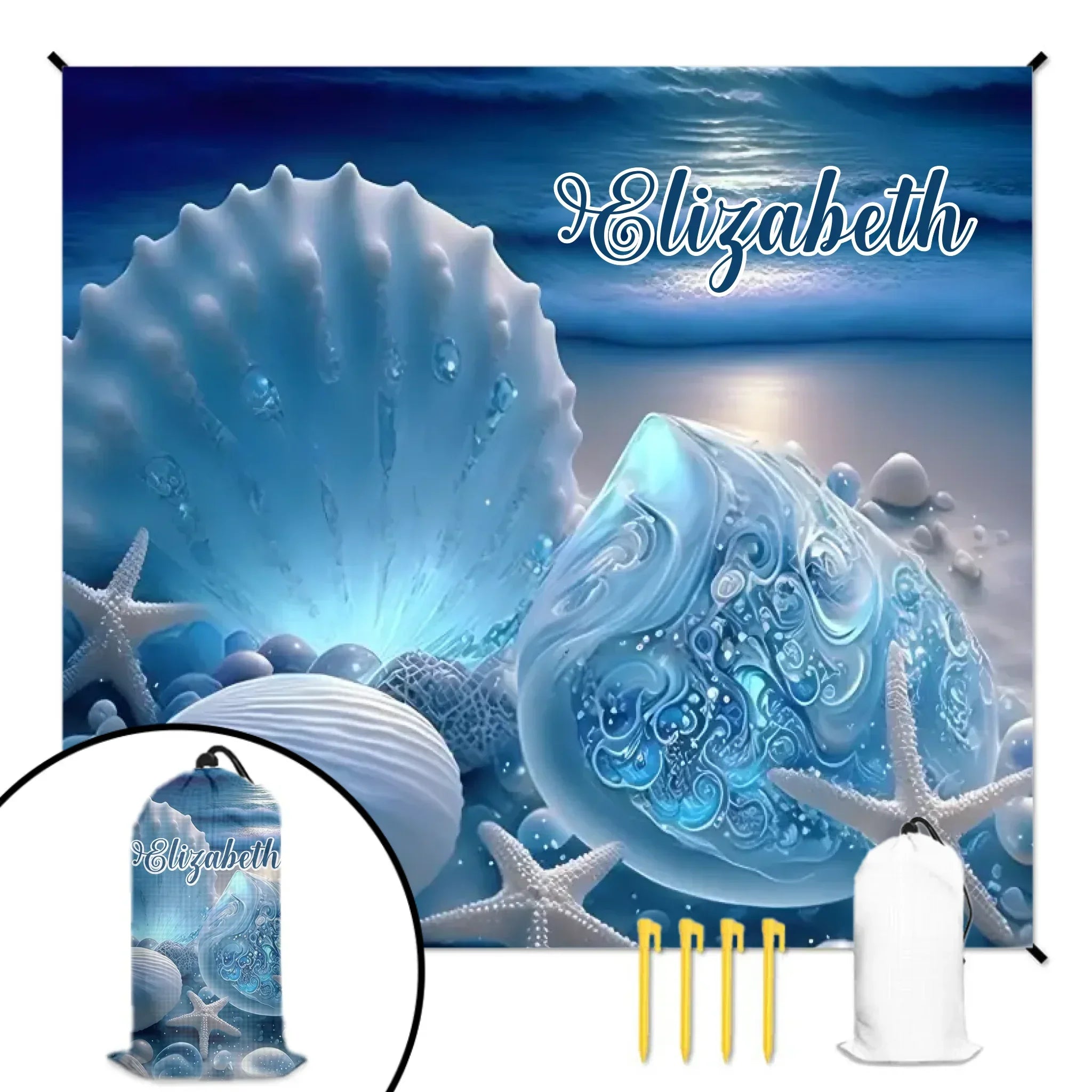 Customized Shell Pearl Beach Scene Beach Mat - Personalized Name Waterproof Sand-proof Pad - Gifts for Beach Tourism,Hiking Trips
