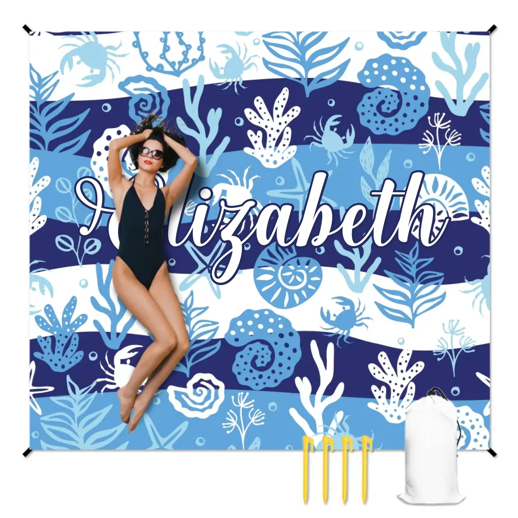 Customized Blue Ocean Theme Beach Mat - Marine Life Cartoon Print - Gifts for Beach Tourism,Hiking Trips