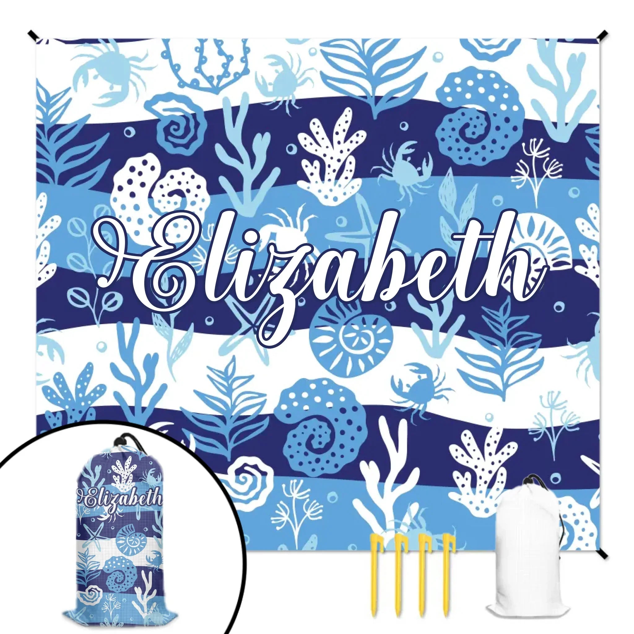 Customized Blue Ocean Theme Beach Mat - Marine Life Cartoon Print - Gifts for Beach Tourism,Hiking Trips