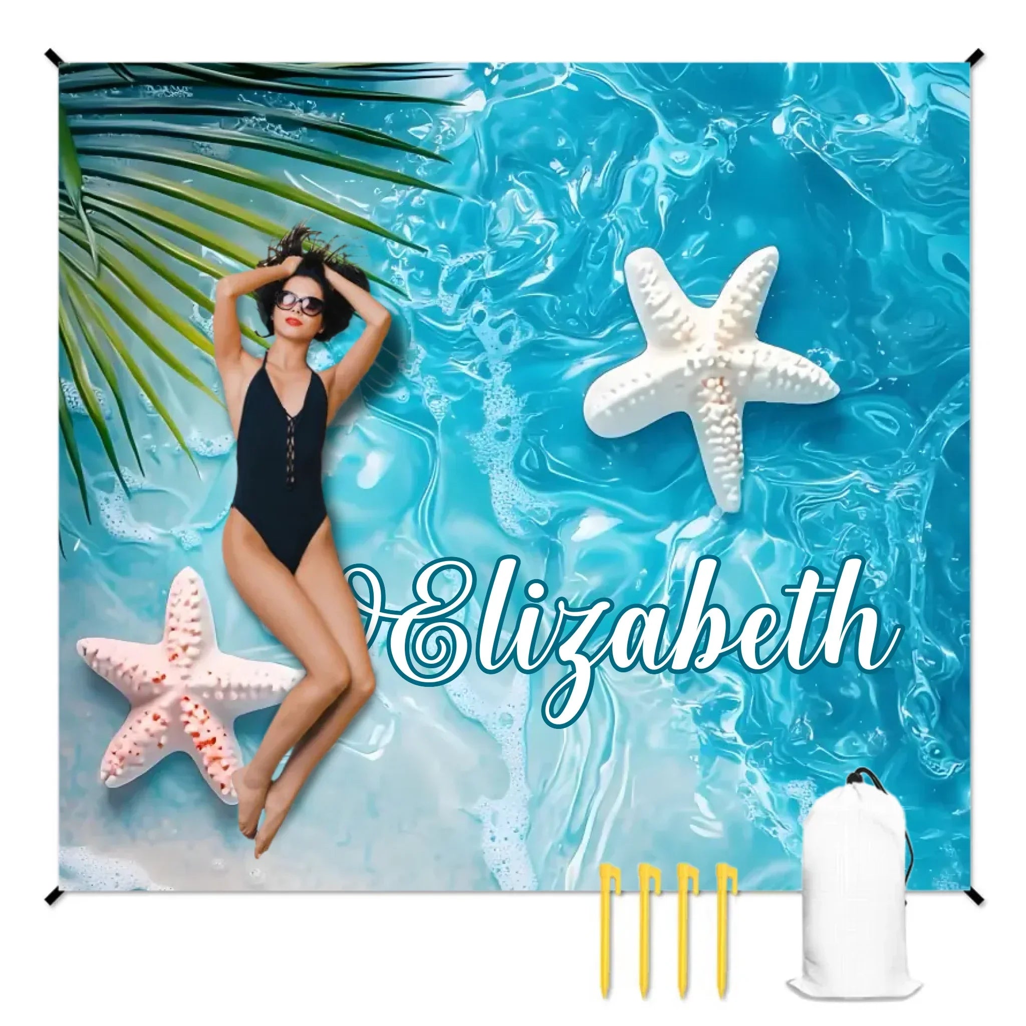 Starfish in the Waves - Personalized Name on Beach Mat - Gifts for Beach Tourism,Hiking Trips