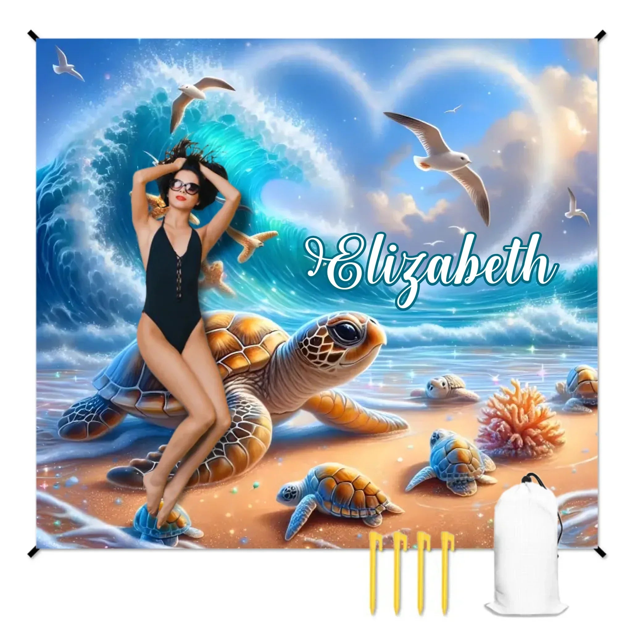 Customized Turtle Theme Beach Mat - Personalized Name - Gifts for Beach Party
