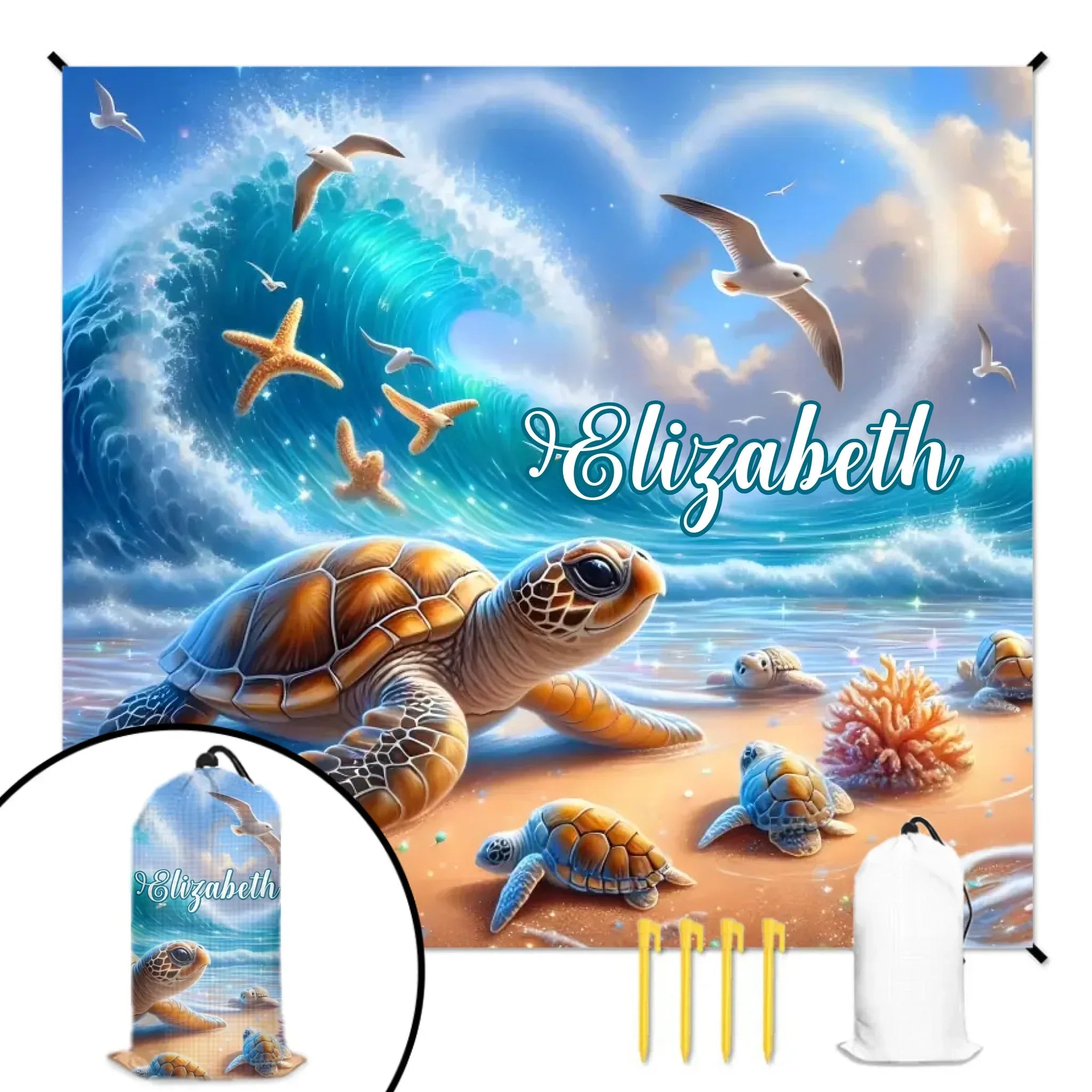 Customized Turtle Theme Beach Mat - Personalized Name - Gifts for Beach Party