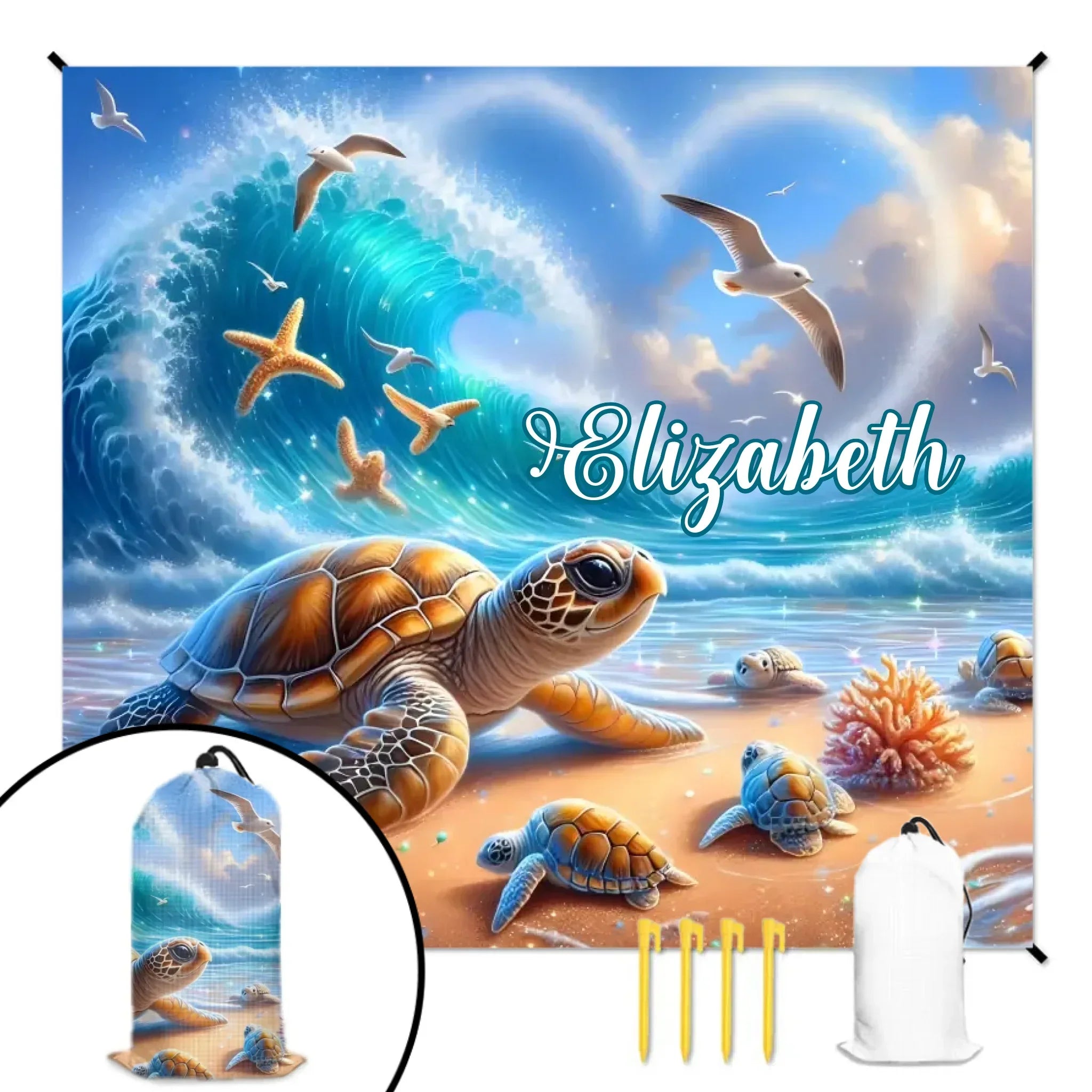 Customized Turtle Theme Beach Mat - Personalized Name - Gifts for Beach Party - Joliny