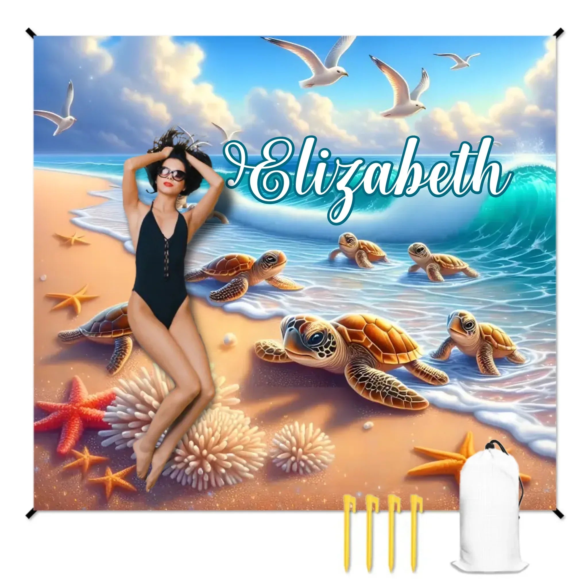 Customized Turtle Theme Beach Mat - Personalized Name - Gifts for Beach Tourism,Hiking Trips