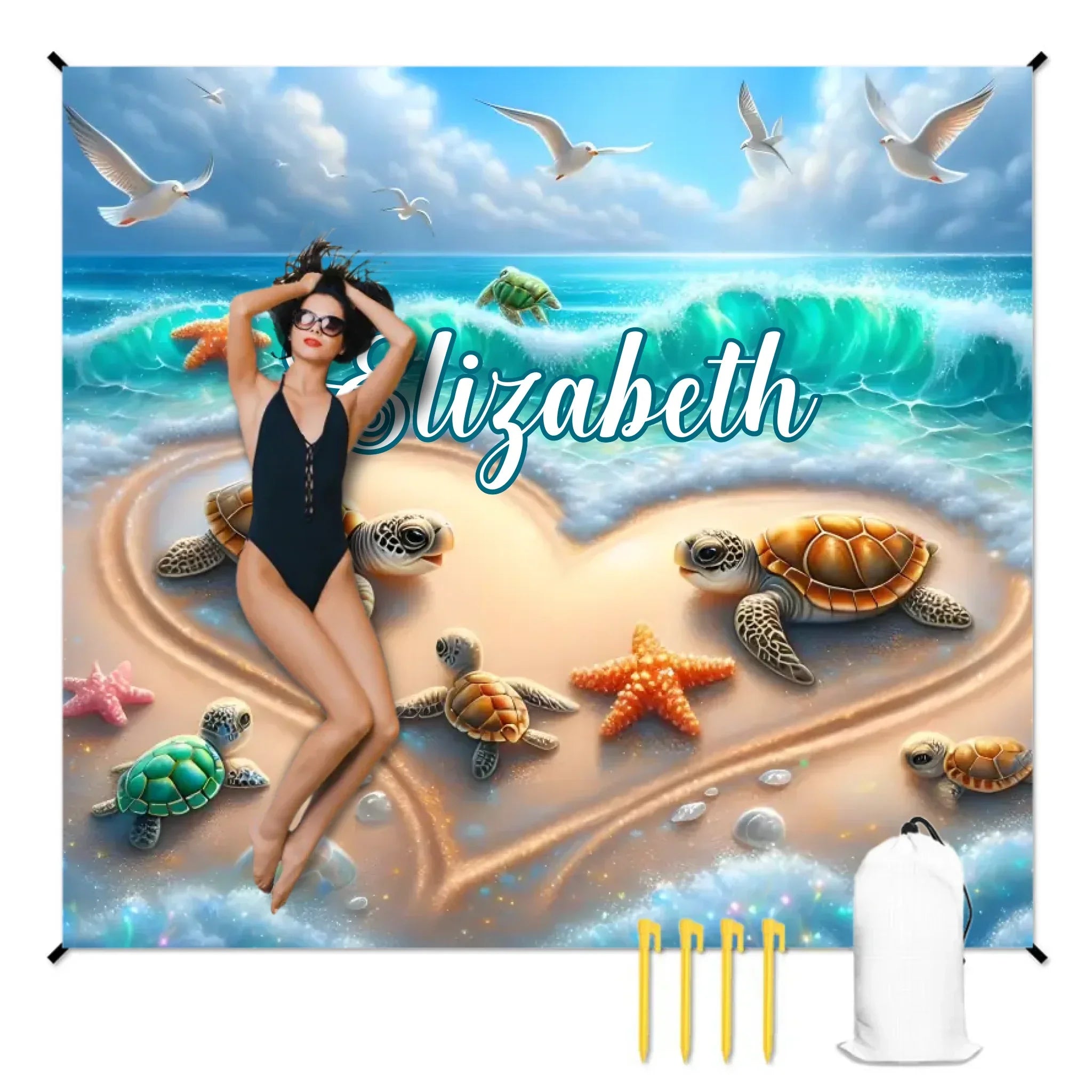 Customized Turtle Theme Beach Mat - Personalized Name - Gifts for Beach Tourism,Camping