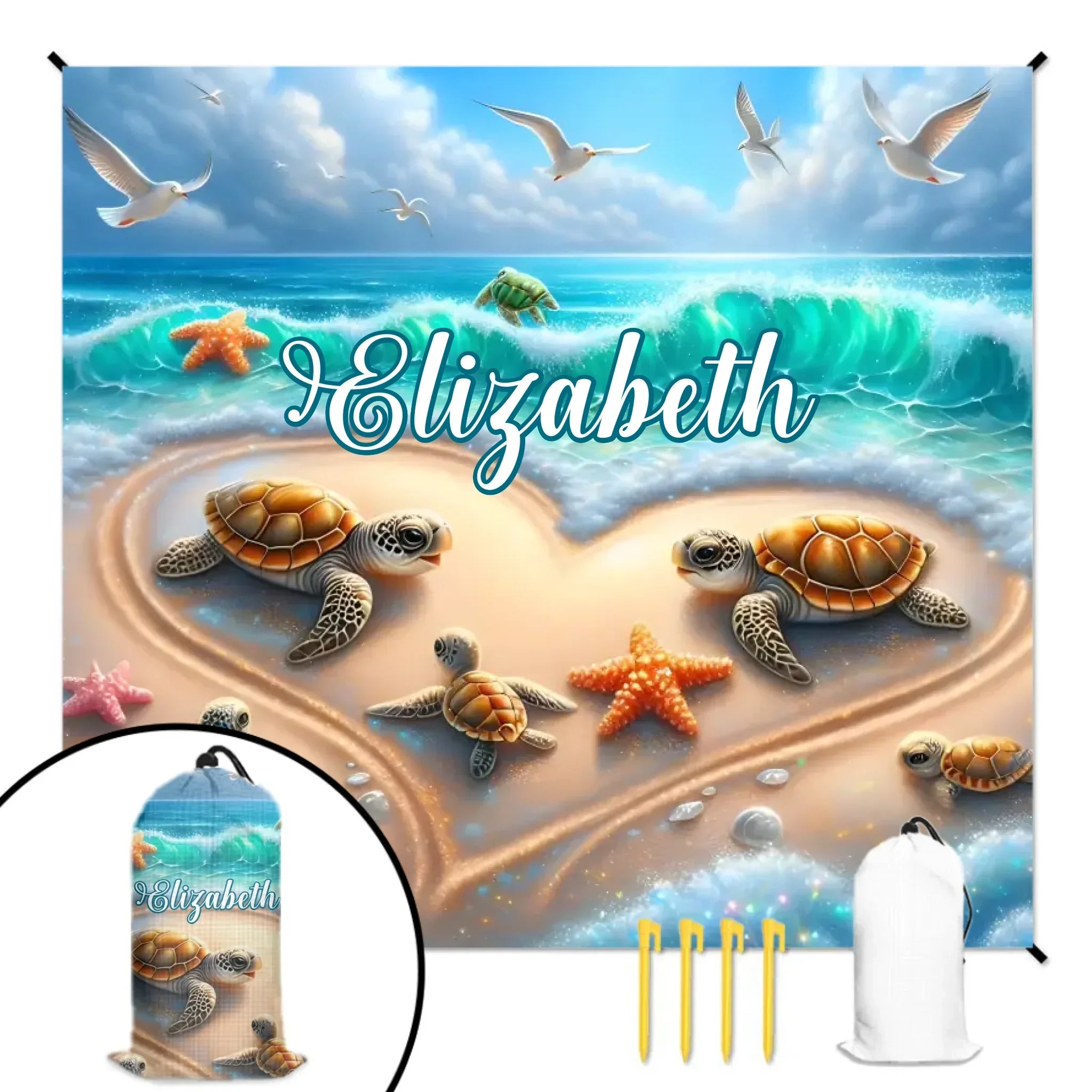 Customized Turtle Theme Beach Mat - Personalized Name - Gifts for Beach Tourism,Camping