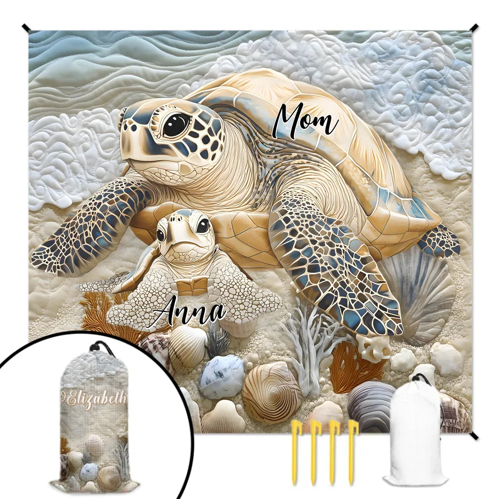Custom Embossed Sea Turtle Design Beach Mat - Personalized Names - Gifts for Beach Tourism,Camping