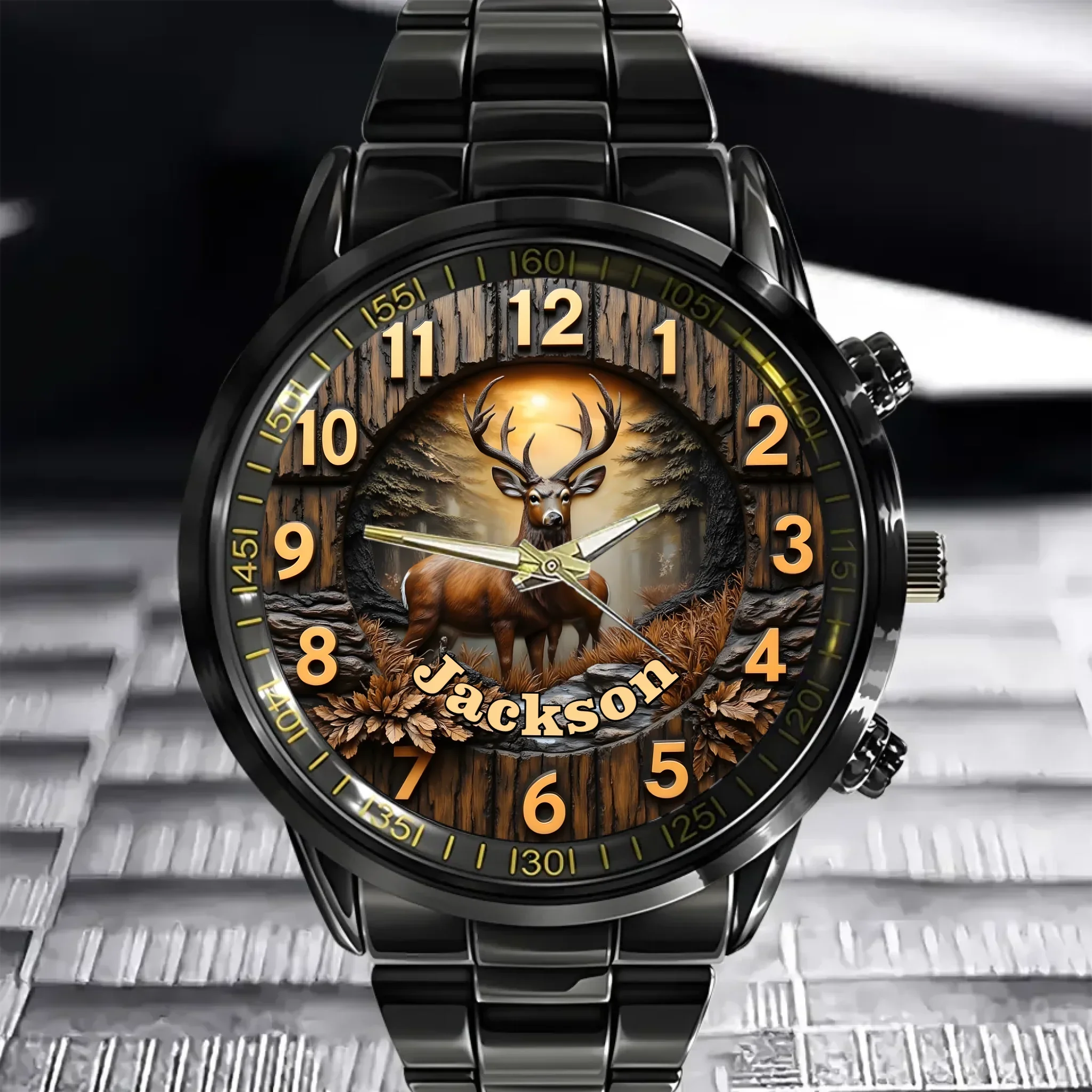 Customized Wooden Forest Deer Printed Dial Plate - Personalize Name Watch