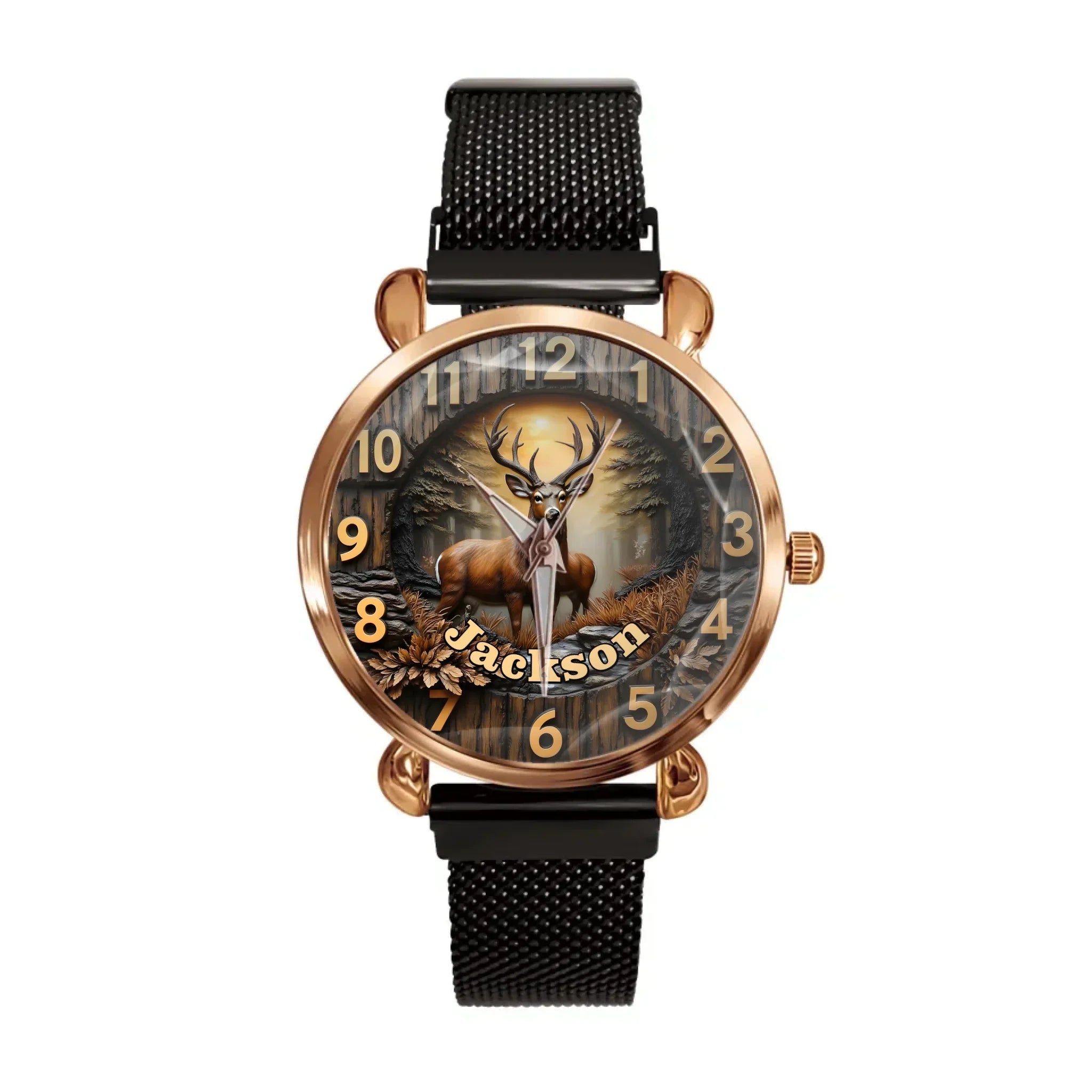 Customized Wooden Forest Deer Printed Dial Plate - Personalize Name Watch