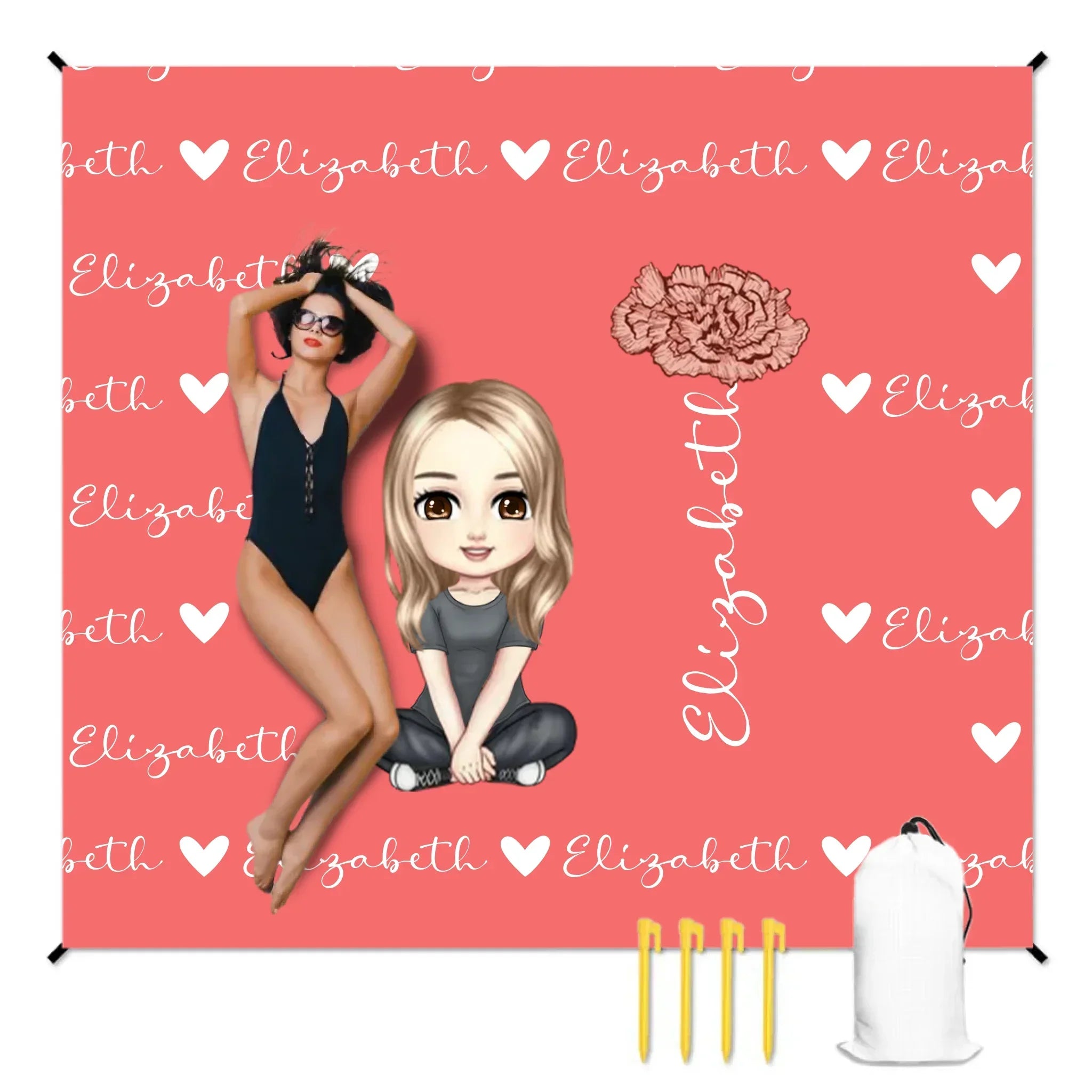 Cute Cartoon Character - Personalised Name Heart Birth Flower Beach Mat