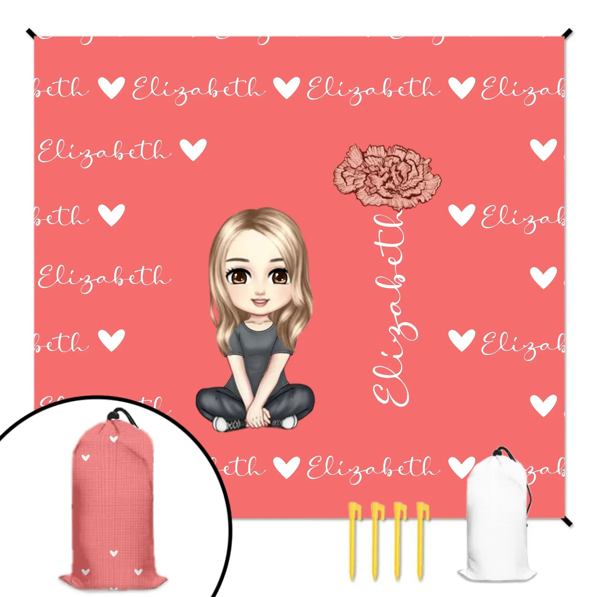Cute Cartoon Character - Personalised Name Heart Birth Flower Beach Mat - Joliny