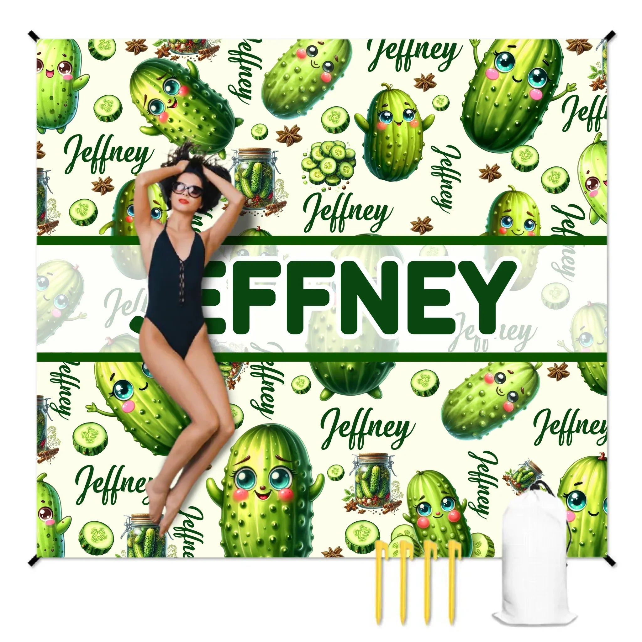 Cartoon Cucumber Pattern Beach Mat - Personalized Name Green and Fresh Style Beach Mat - Beach Fashion Item