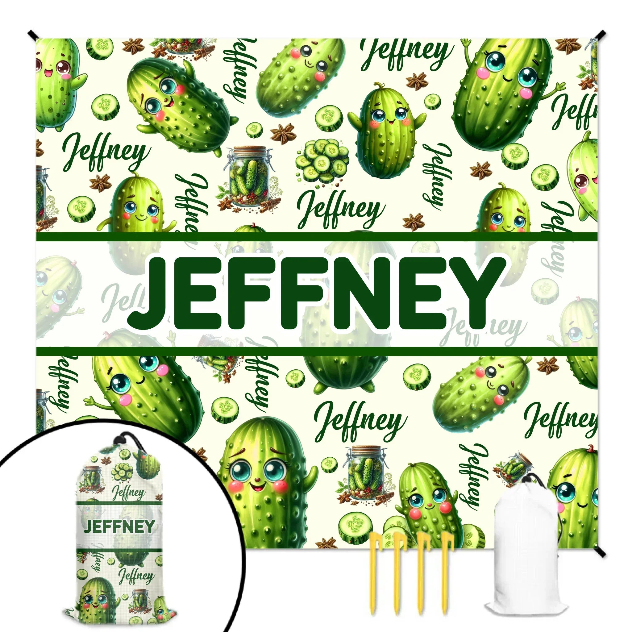 Cartoon Cucumber Pattern Beach Mat - Personalized Name Green and Fresh Style Beach Mat - Beach Fashion Item
