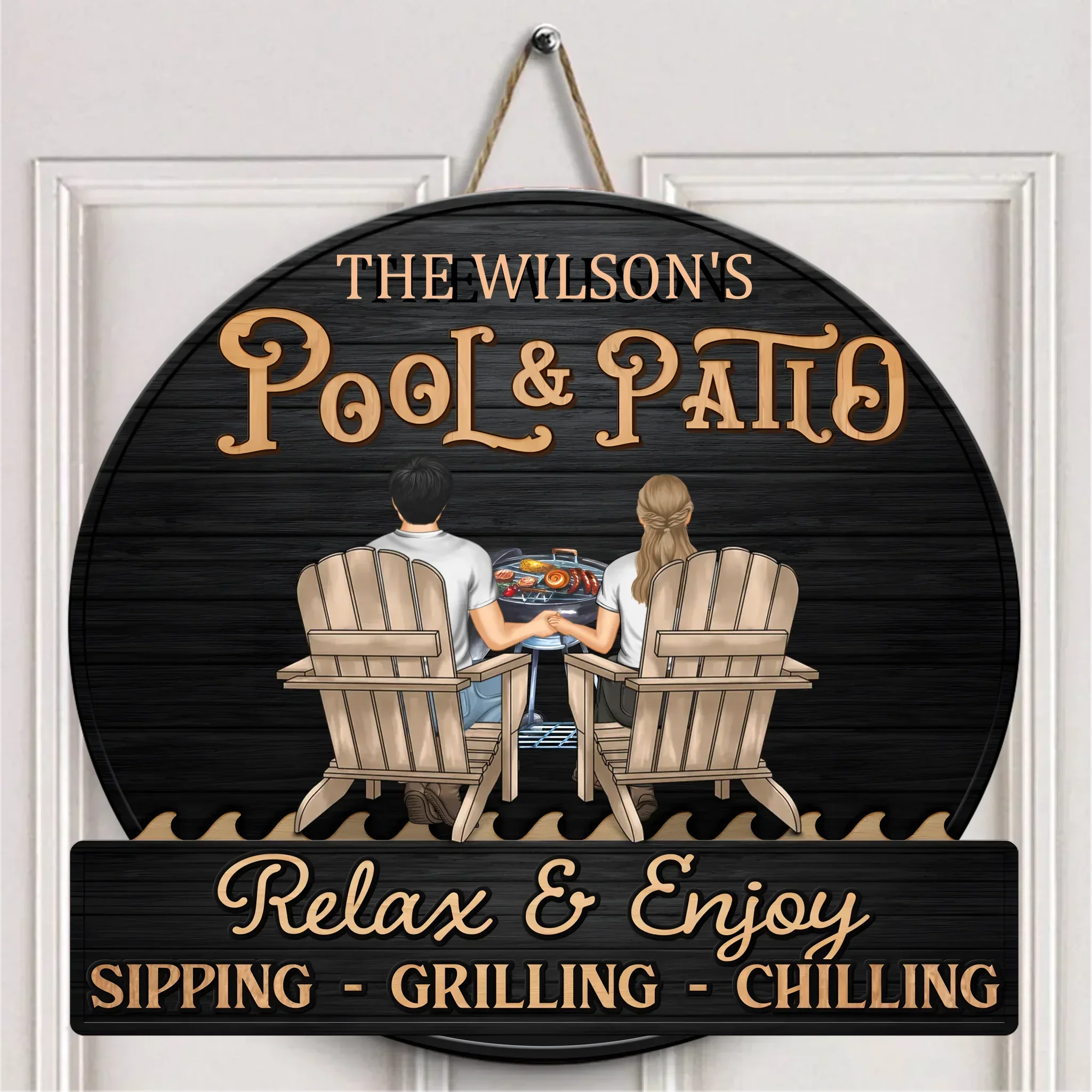 Just A Couple, Pool & Patio Sipping Chilling - Couple Personalized Home Decor Wood Sign