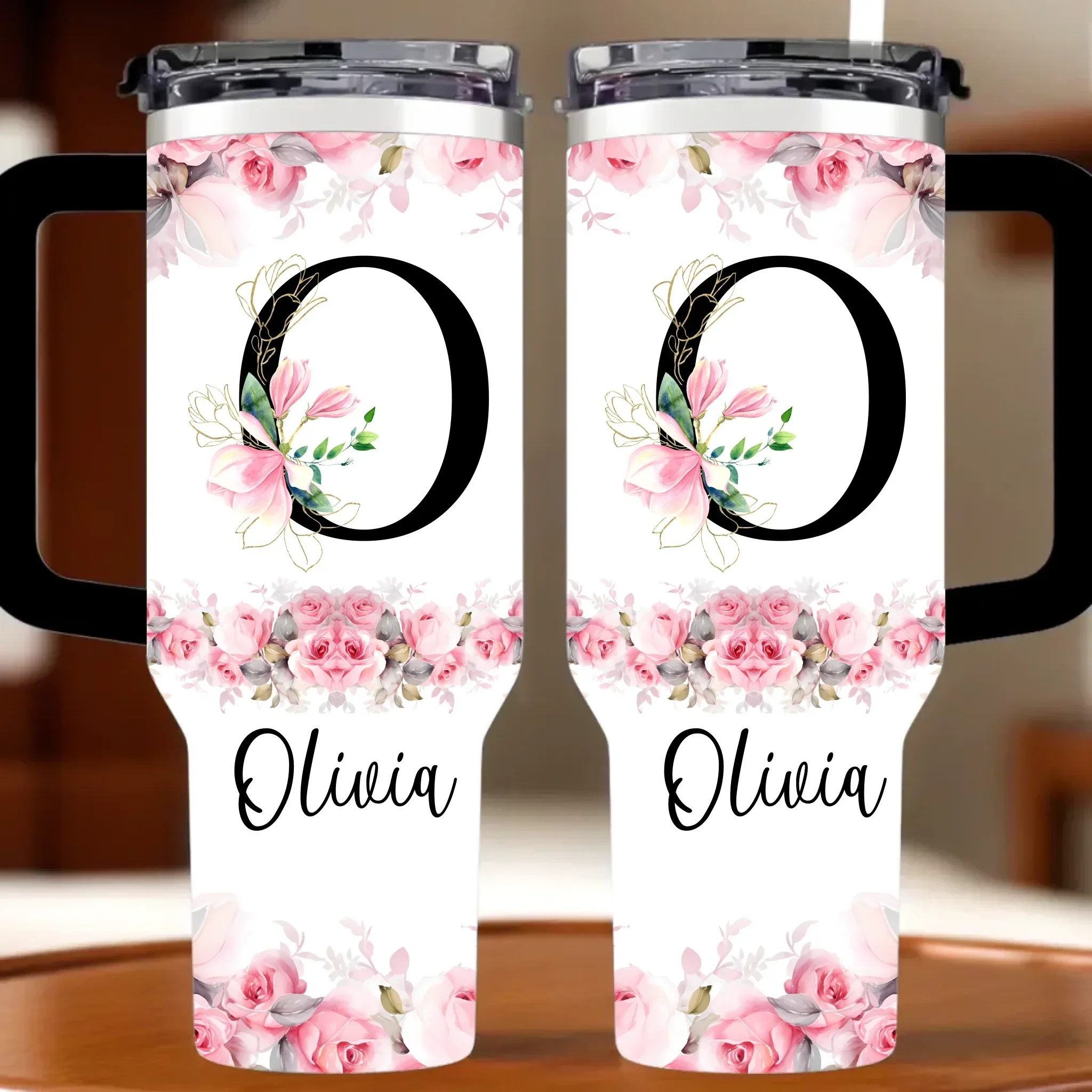 Floral Lettered Car Cup - Romantic Car Cup with Personalized Name 40oz Tumbler