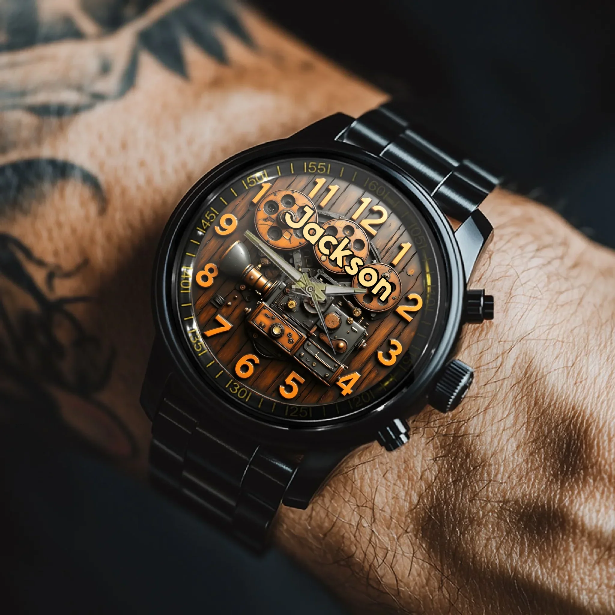 Customized Steampunk-Style Watch – Retro Gear and Engine Pattern Watch with Personalized Name Design - A Gift For Friend,Family,Mechanical Enthusiast - Joliny