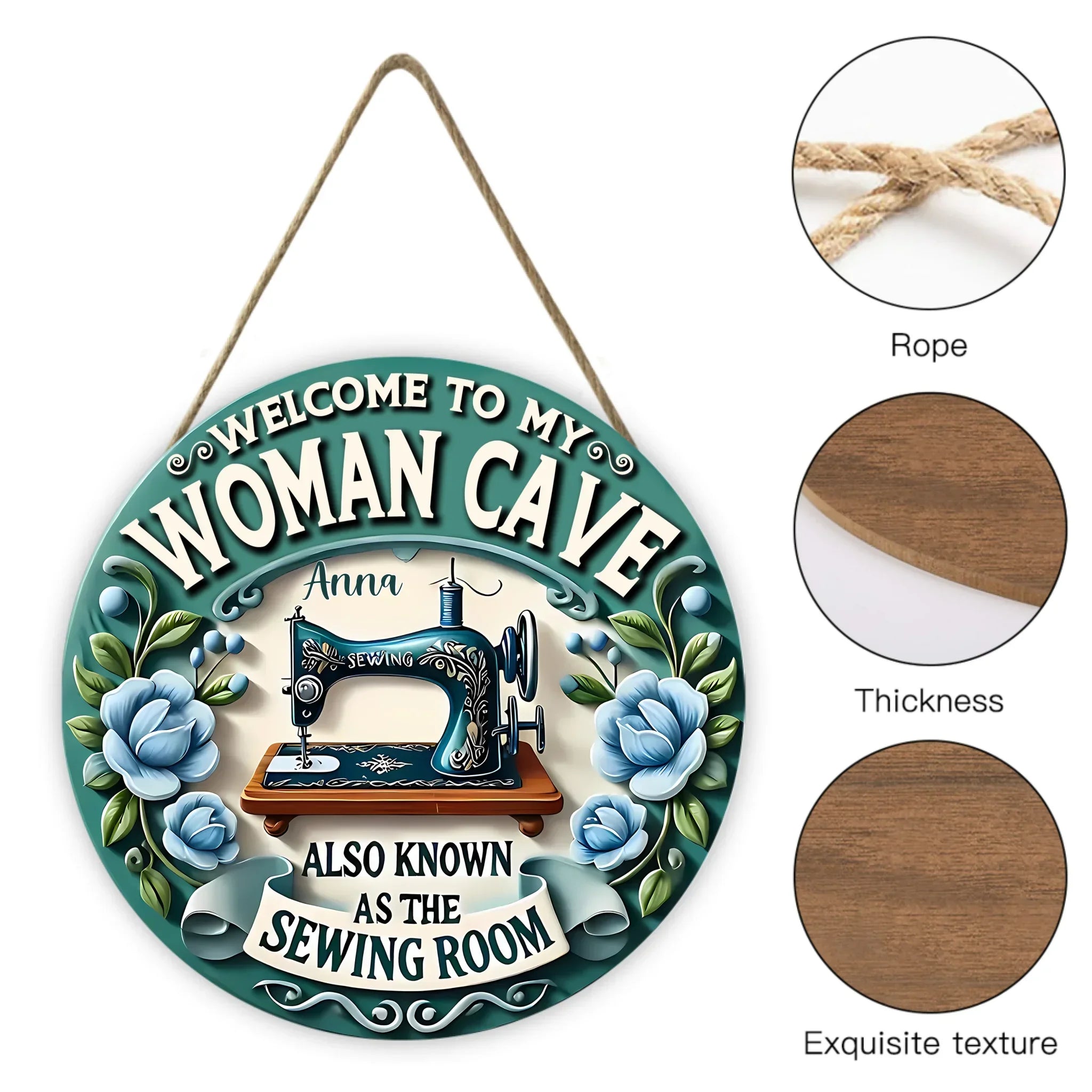 Custom Sewing Theme Door Plate - Personalized Name and Title Sewing Machine Pattern Round Wooden Sign - Gift for Family,Friend,Tailors,Sewing Enthusiasts - Joliny