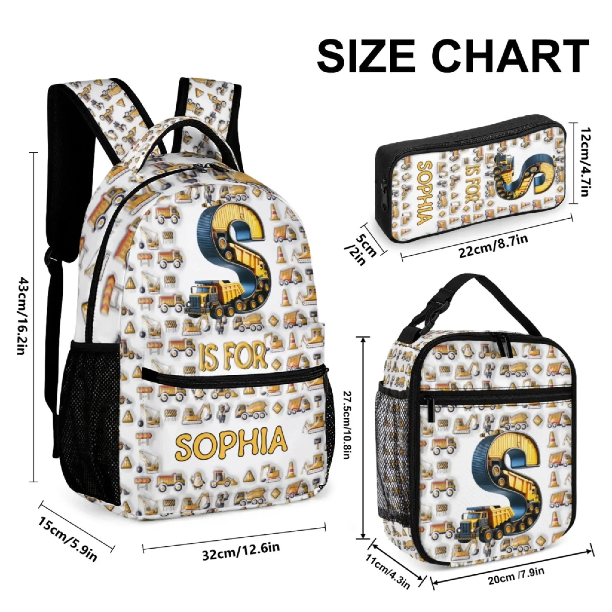 Construction Vehicle - Personalized First Letter Customized Boy Backpack - School Season Gift for Boys - Joliny