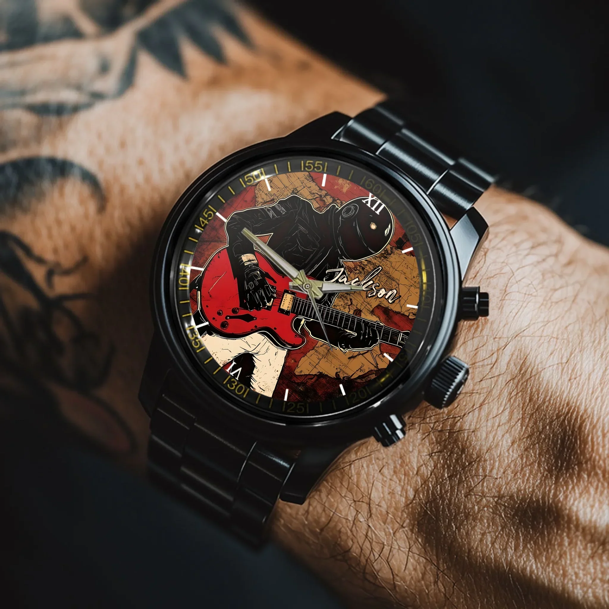 Retro World Map and Guitarist - Personalized Name Watch