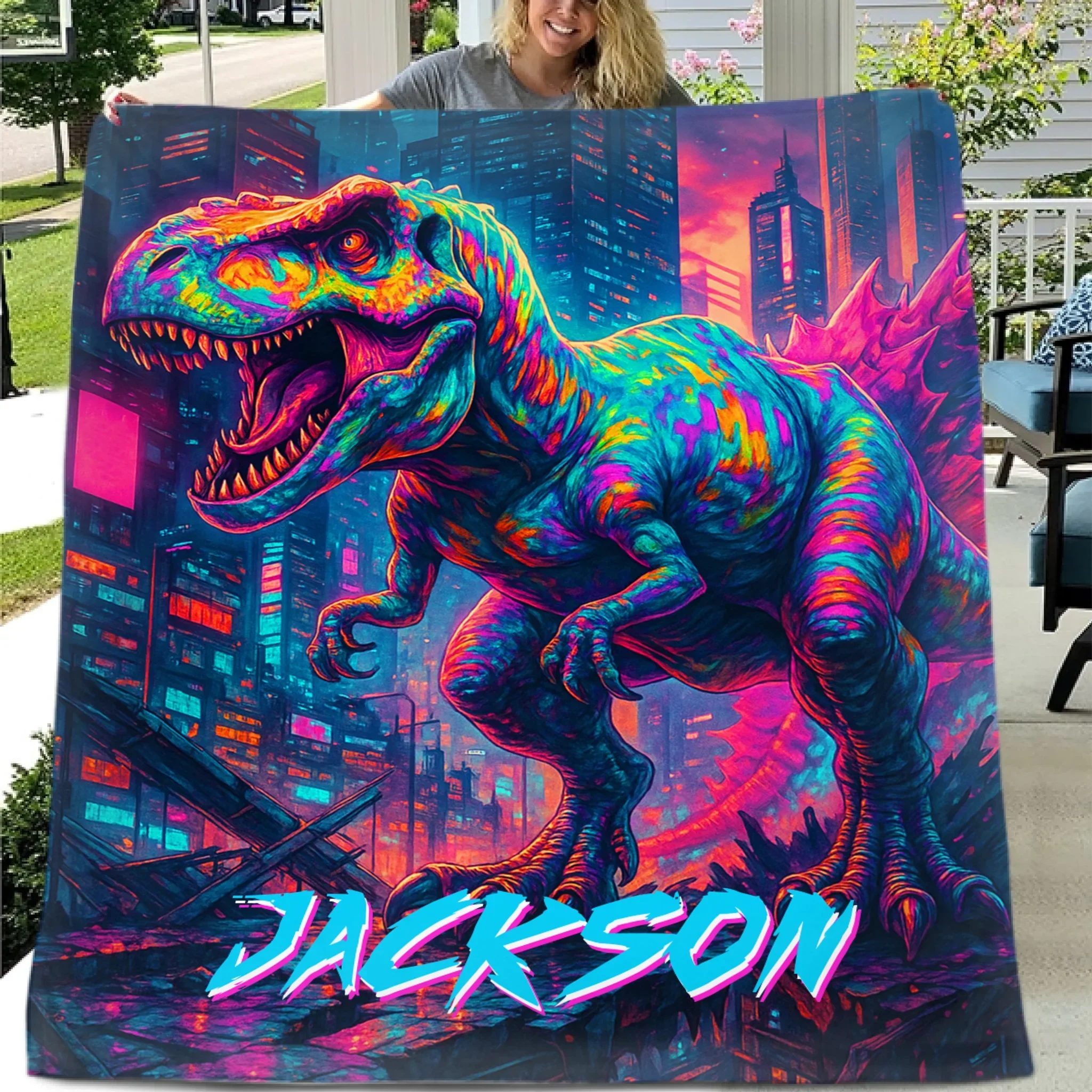 Cyberpunk Dinosaur - Personalized Blanket