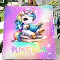 Unicorn Reading Book Custom Blanket - Gift for Kid - Joliny