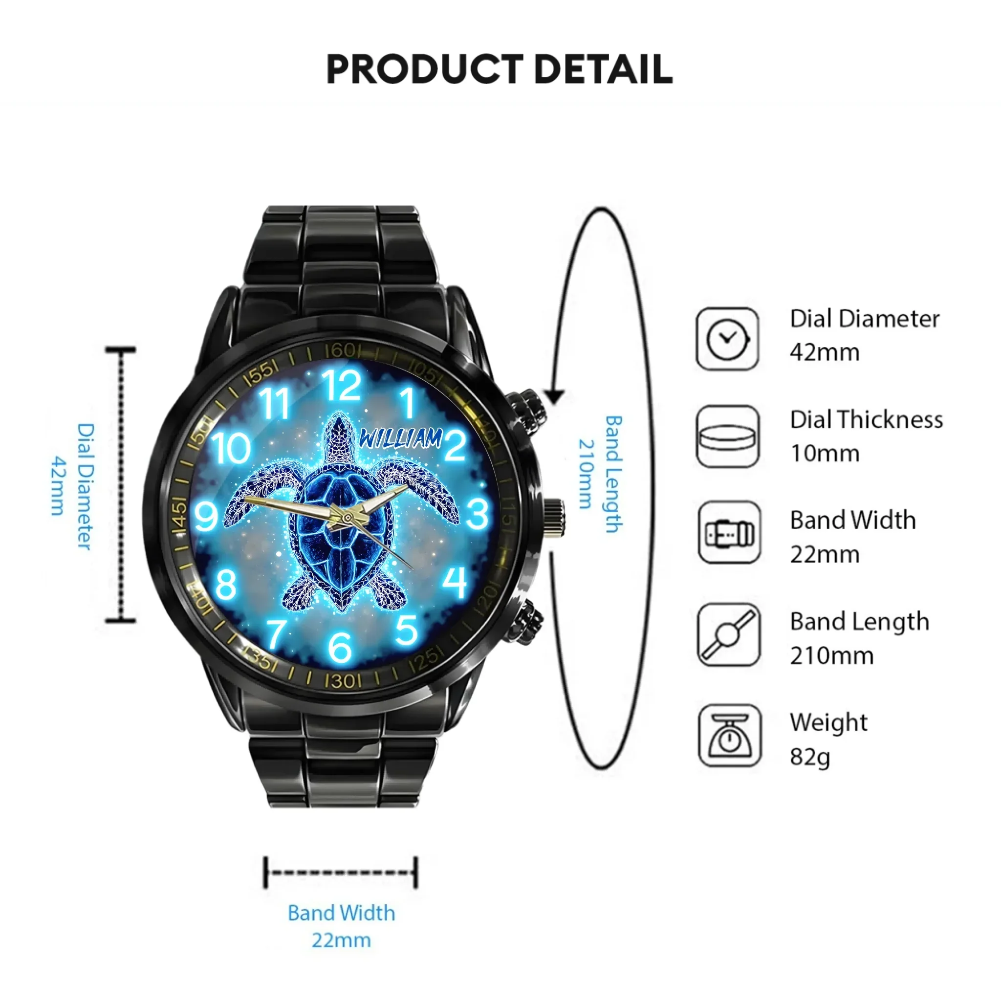 Blue Fluorescent Turtle Custom Watch - Personalized Watch - Joliny