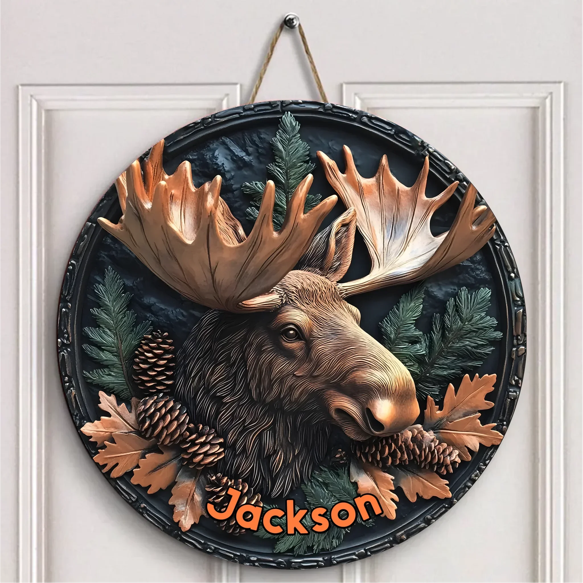 Relief-style Forest Deer Custom Door Plate - Personalized Wooden Sign