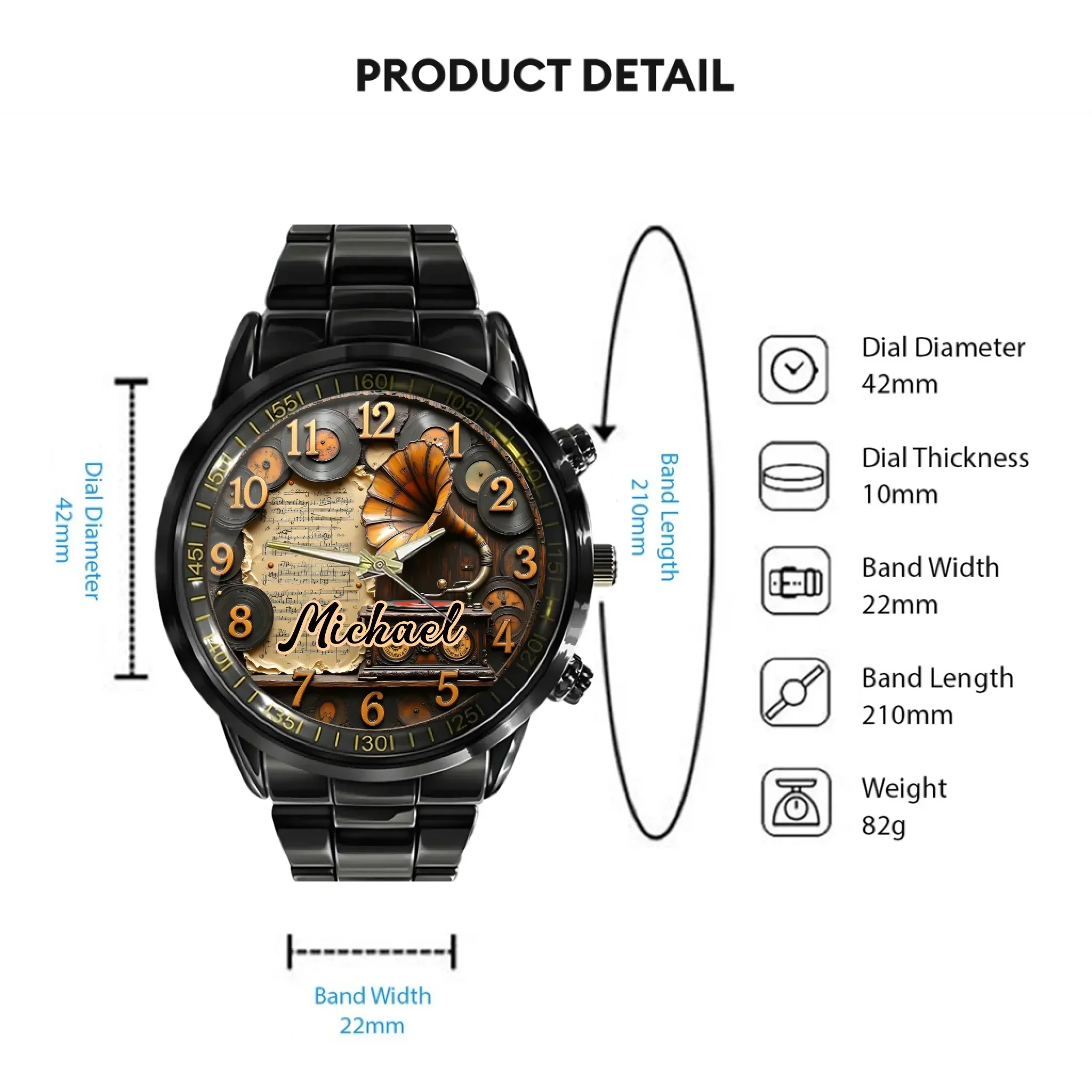 Vintage Phonograph Customized Watch – Personalized Name - Joliny