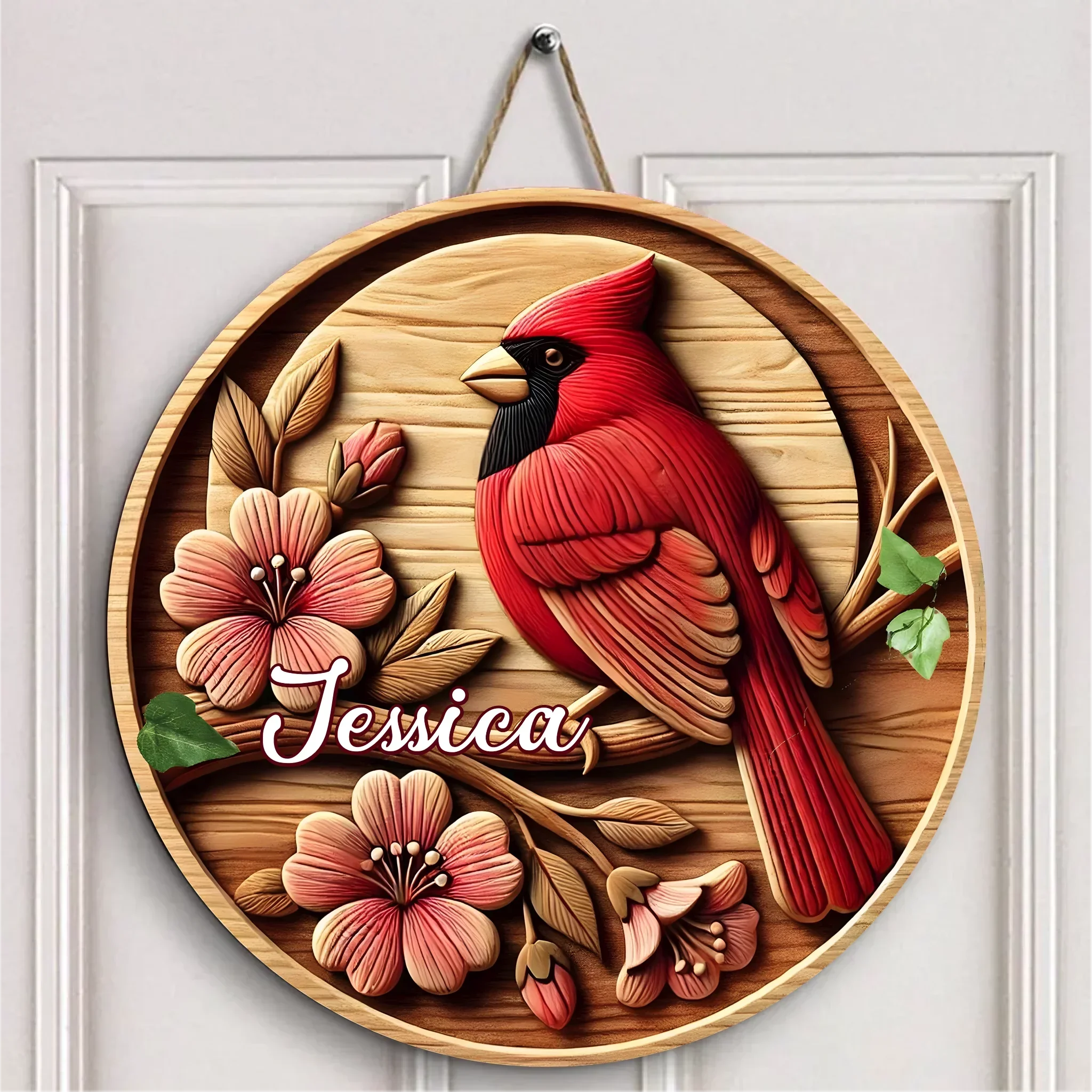 Rural-style Red Bird Custom Door Plate - Personalized Name Wooden Sign - Gift for Country Garden Enthusiast