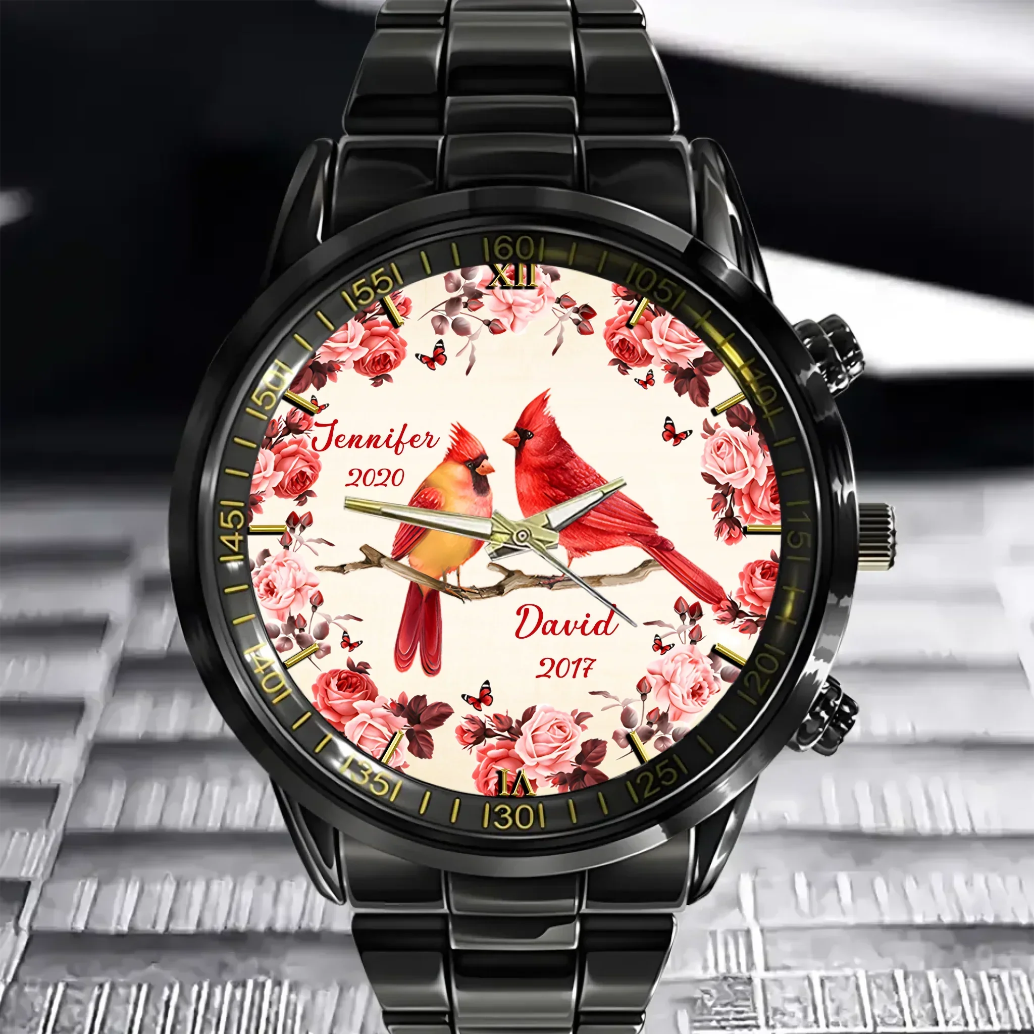 Flowers and Red Bird Customized Watch – Personalized Name