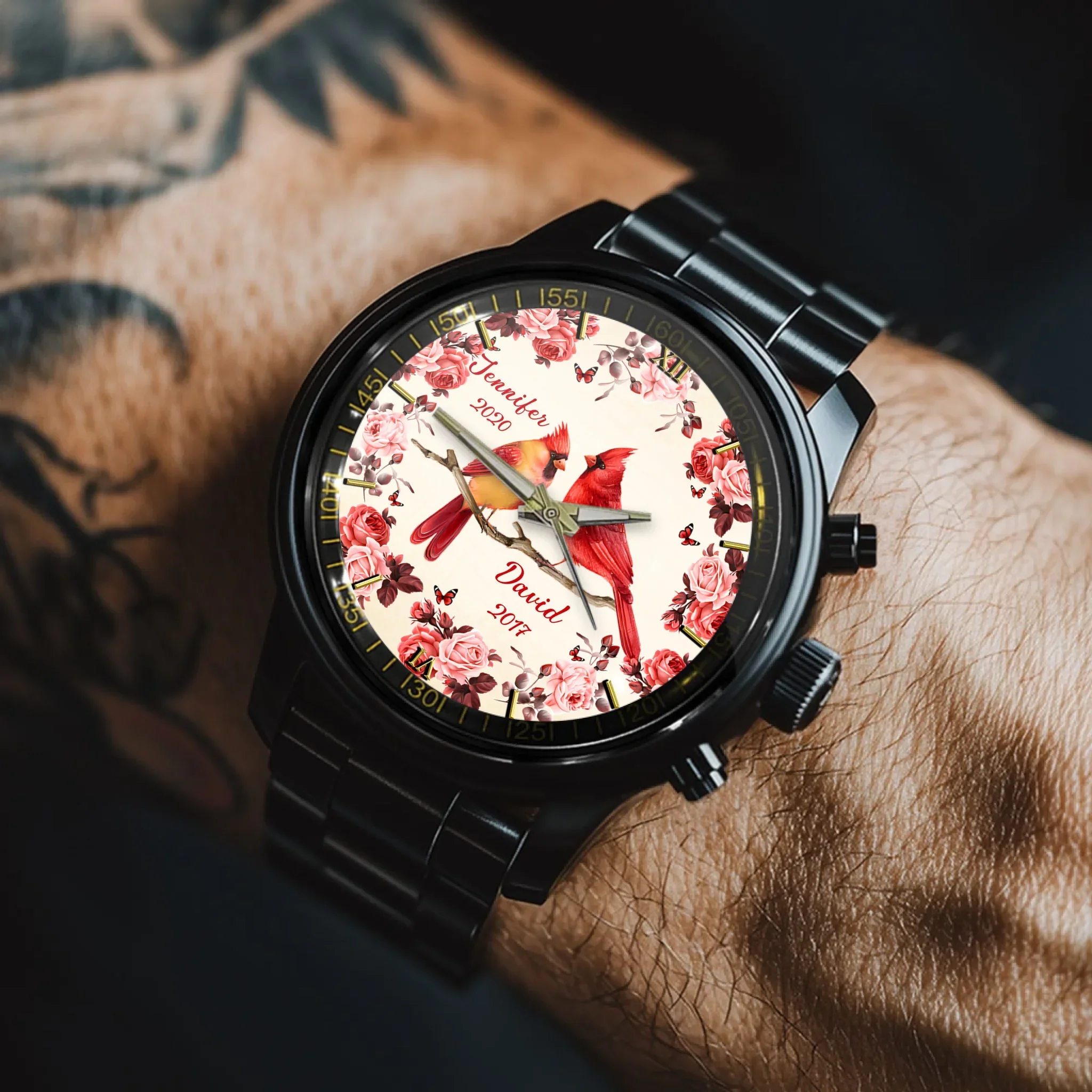 Flowers and Red Bird Customized Watch – Personalized Name