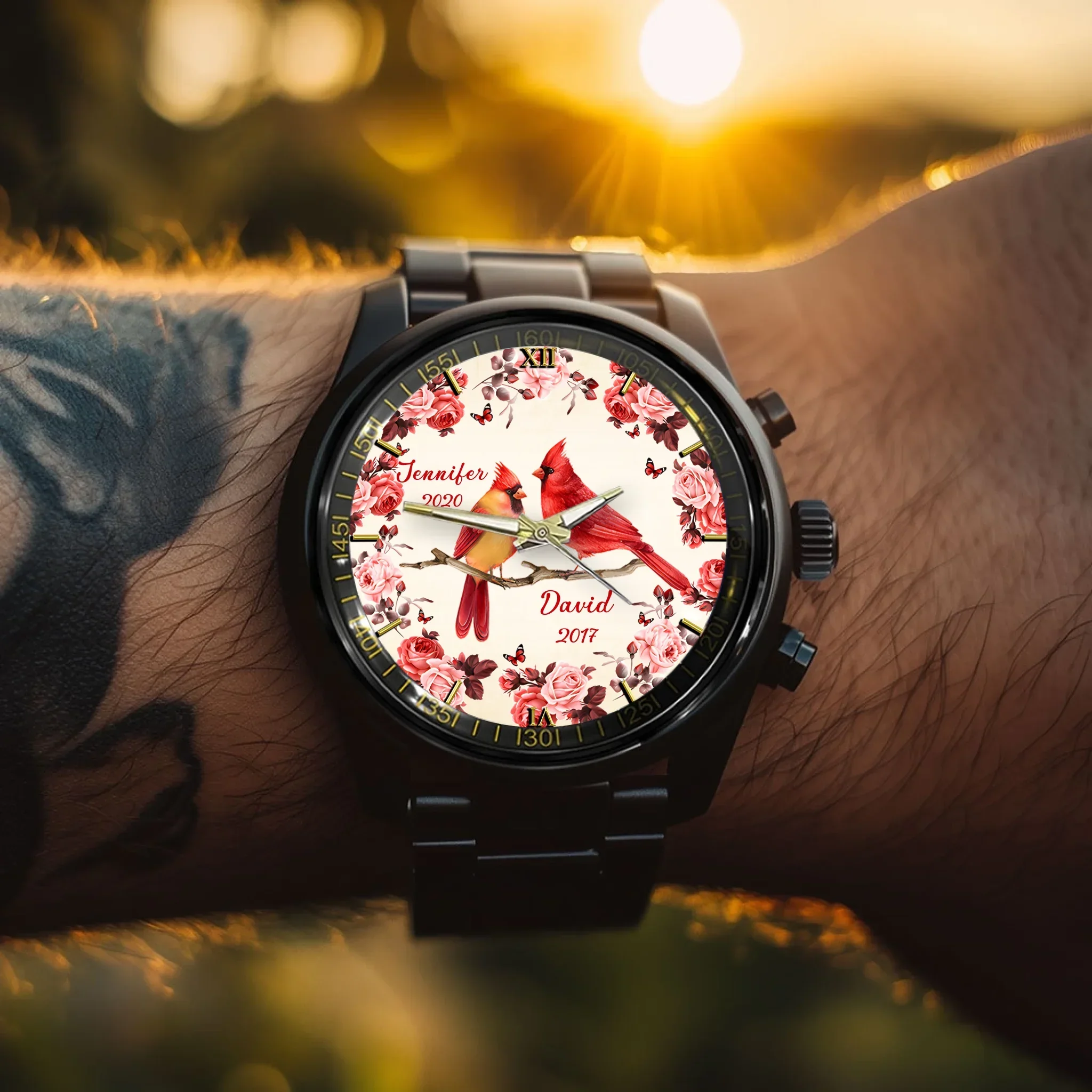 Flowers and Red Bird Customized Watch – Personalized Name - Joliny