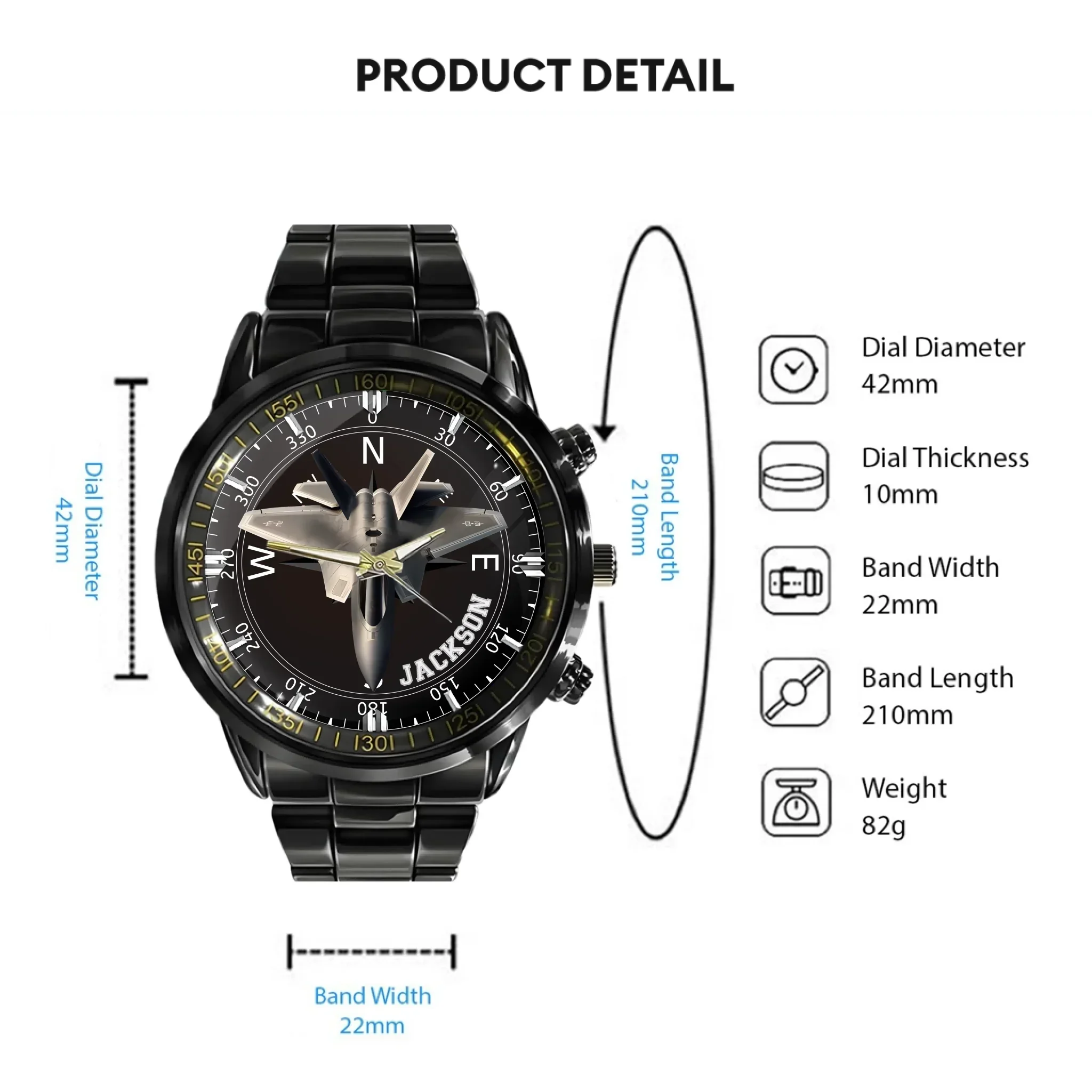 Adventurer’s Custom Name Watch: Fighter Jet & Compass Design - Joliny