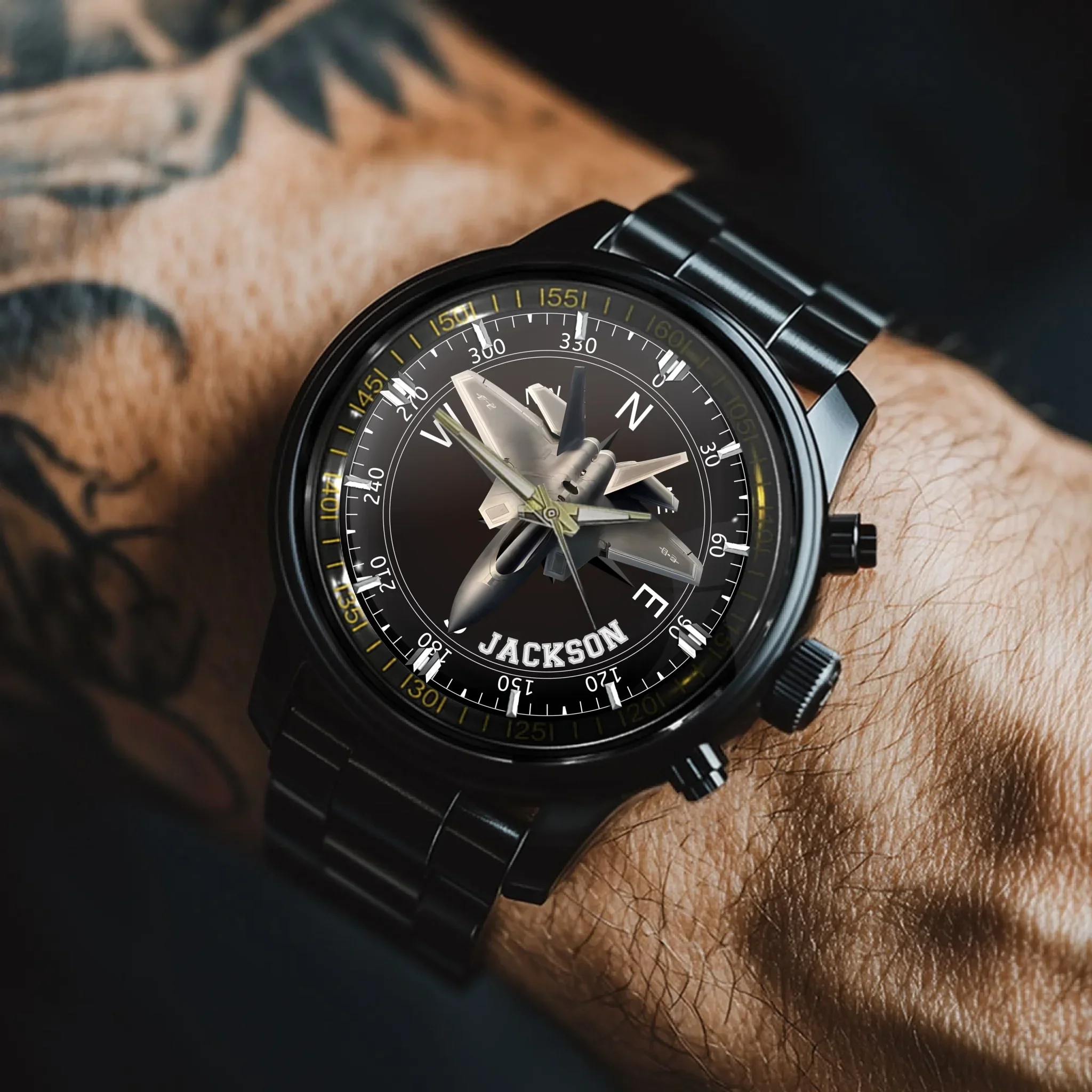 Adventurer’s Custom Name Watch: Fighter Jet & Compass Design