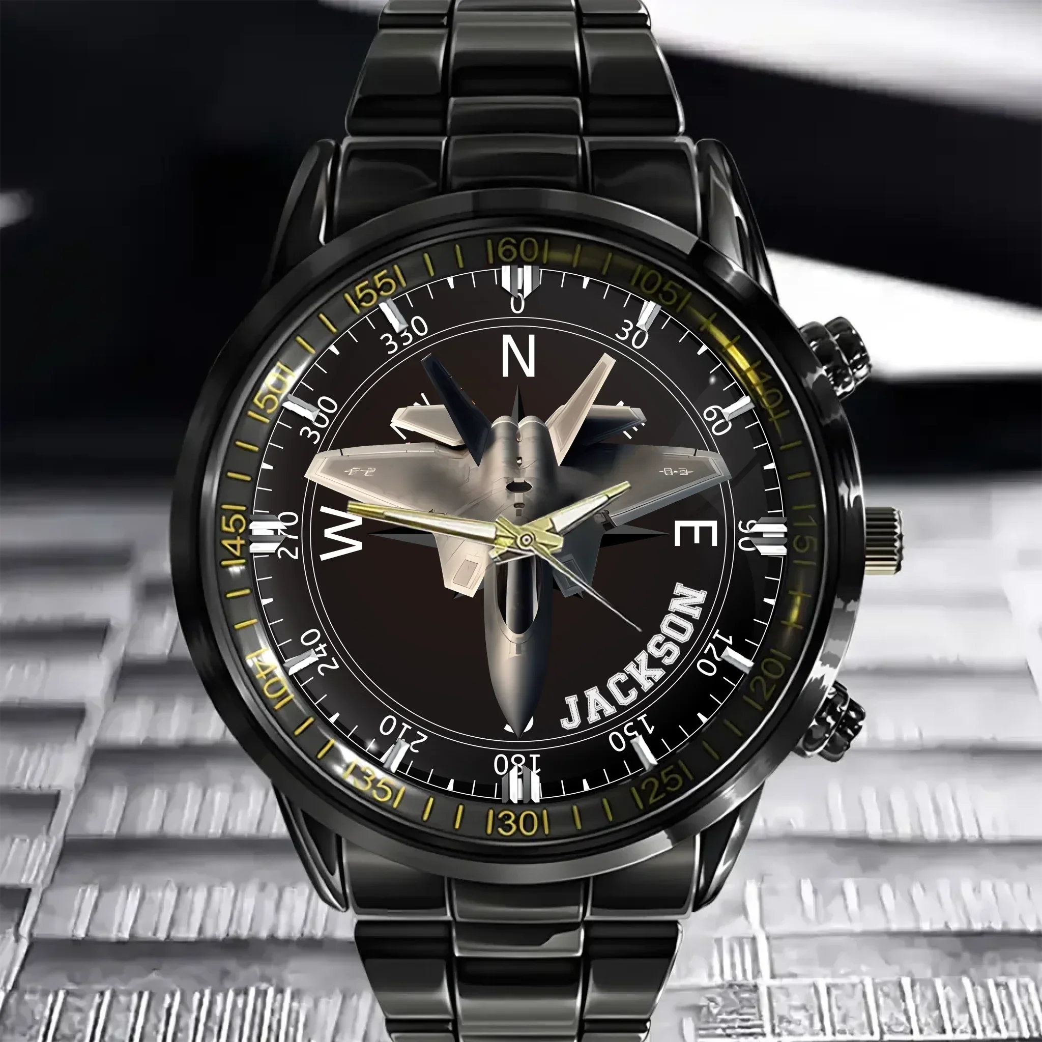 Adventurer’s Custom Name Watch: Fighter Jet & Compass Design