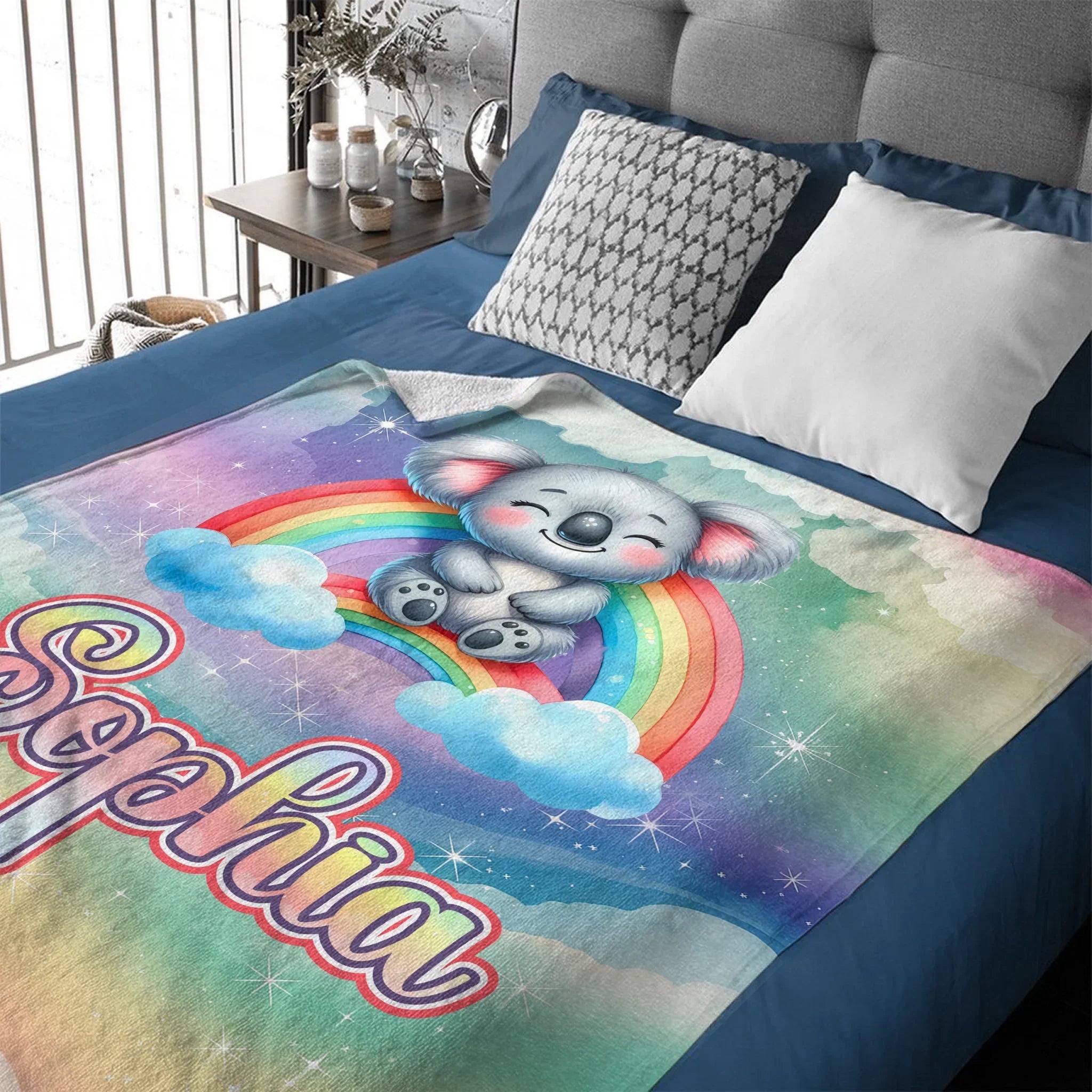The Dreaming Koala On The Rainbow Custom Blanket - Personalized Name - Start The School Season