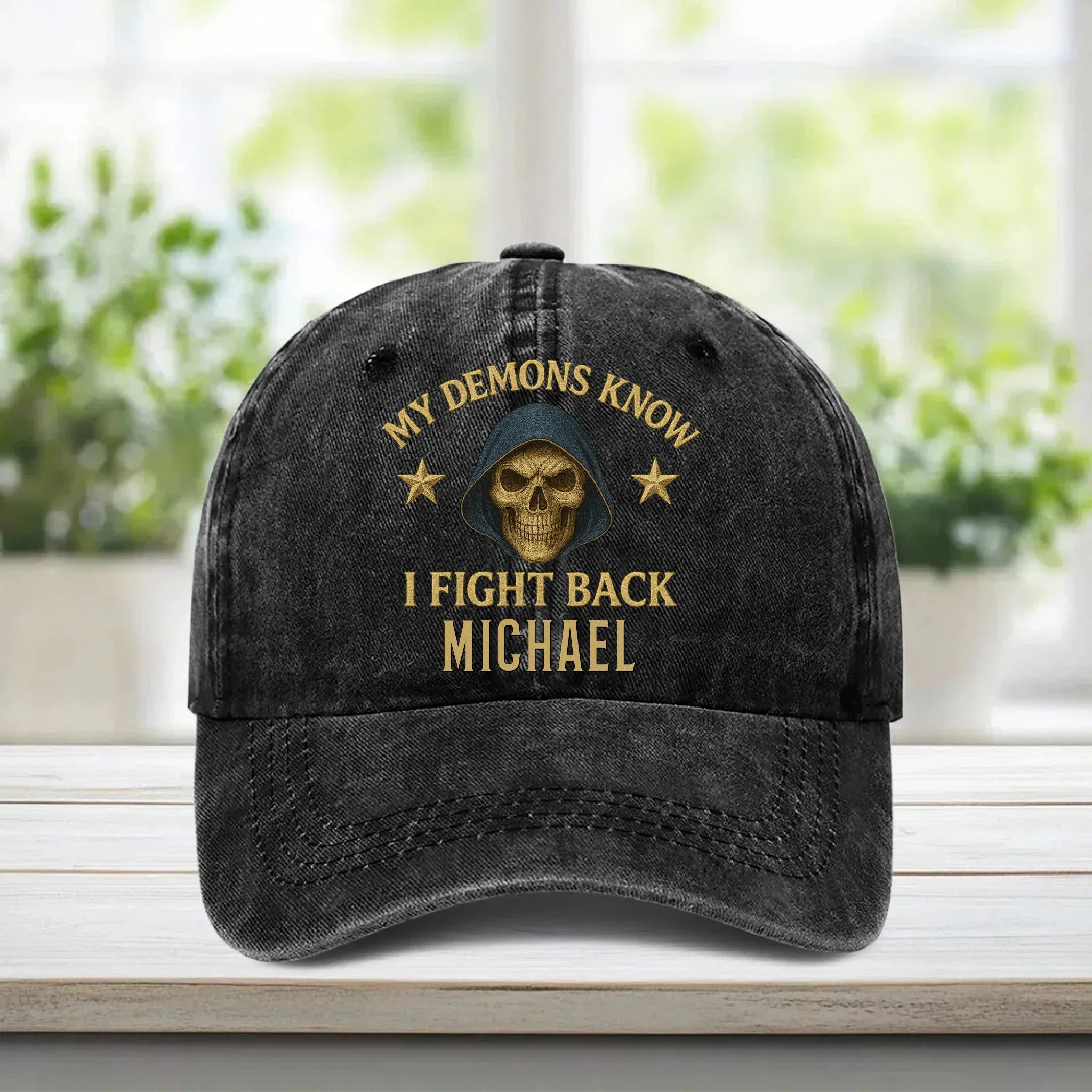 Fighting Against The Demons - Personalized PTSD Awareness Washed Denim Cap