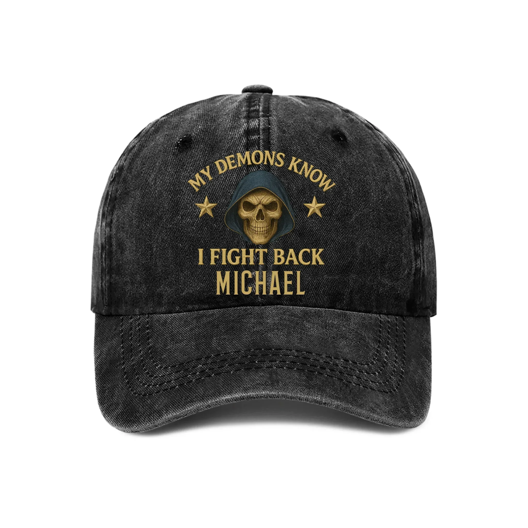 Fighting Against The Demons - Personalized PTSD Awareness Washed Denim Cap
