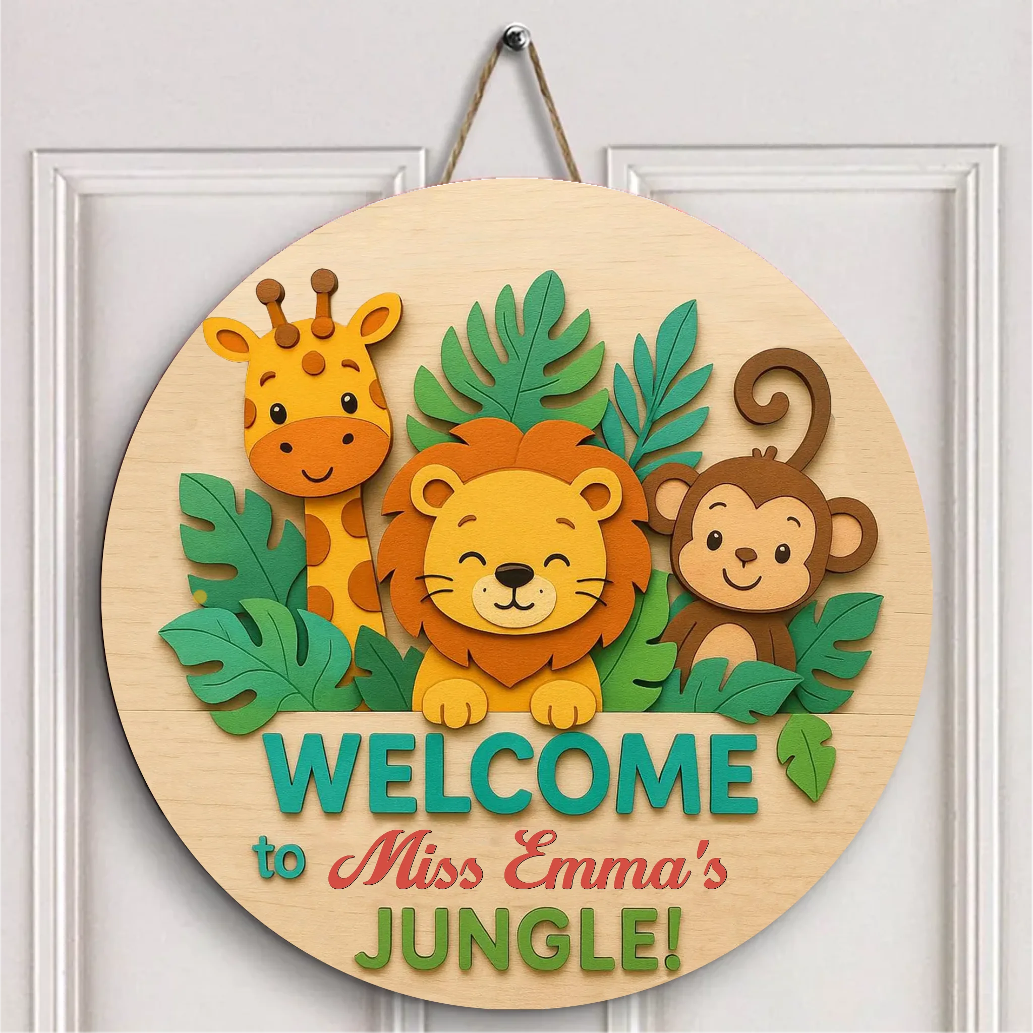"Welcome To Jungle" Customized Door Plate - Personalized Name Wooden Sign - Teachers' Door Hanger