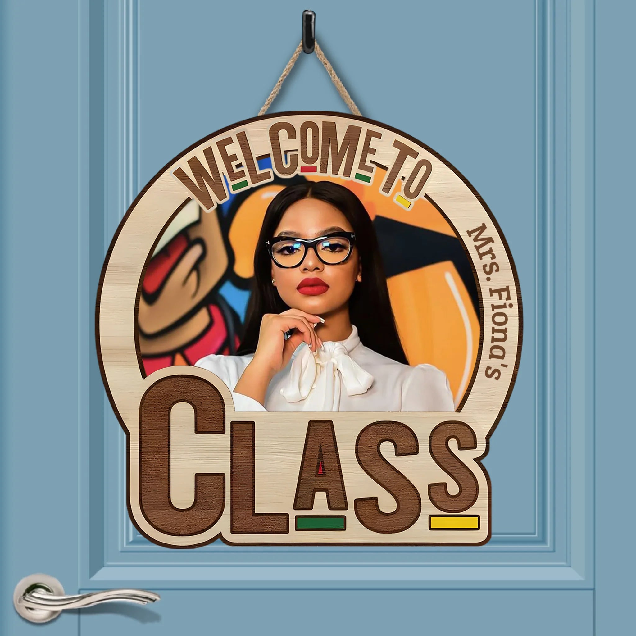 Welcome To My Class Customized Door Plate - Personalized Name and Photo Wood Sign - Teacher's Day Gift