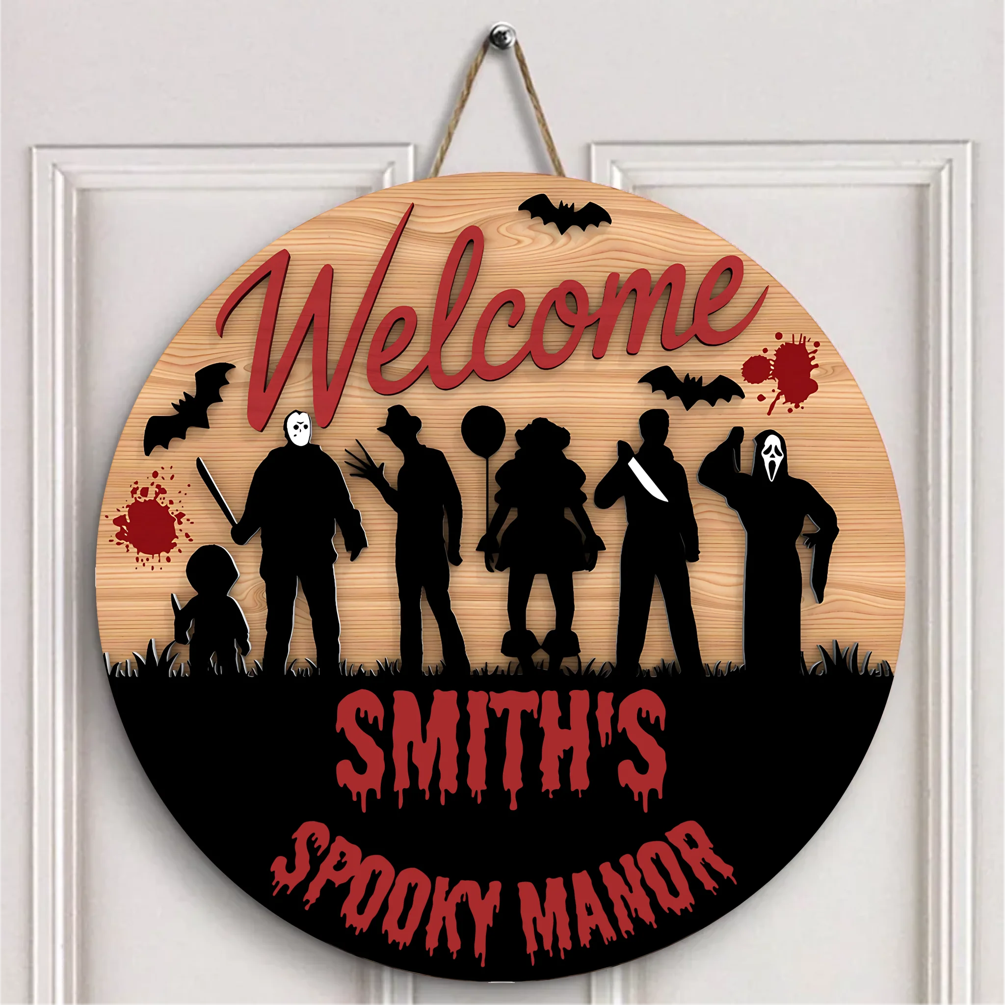 Silhouette Horror Customized Door Plate - Personalized Text Wooden Sign