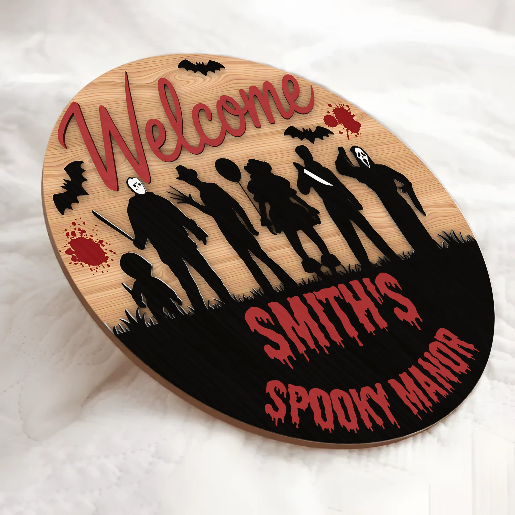 Silhouette Horror Customized Door Plate - Personalized Text Wooden Sign